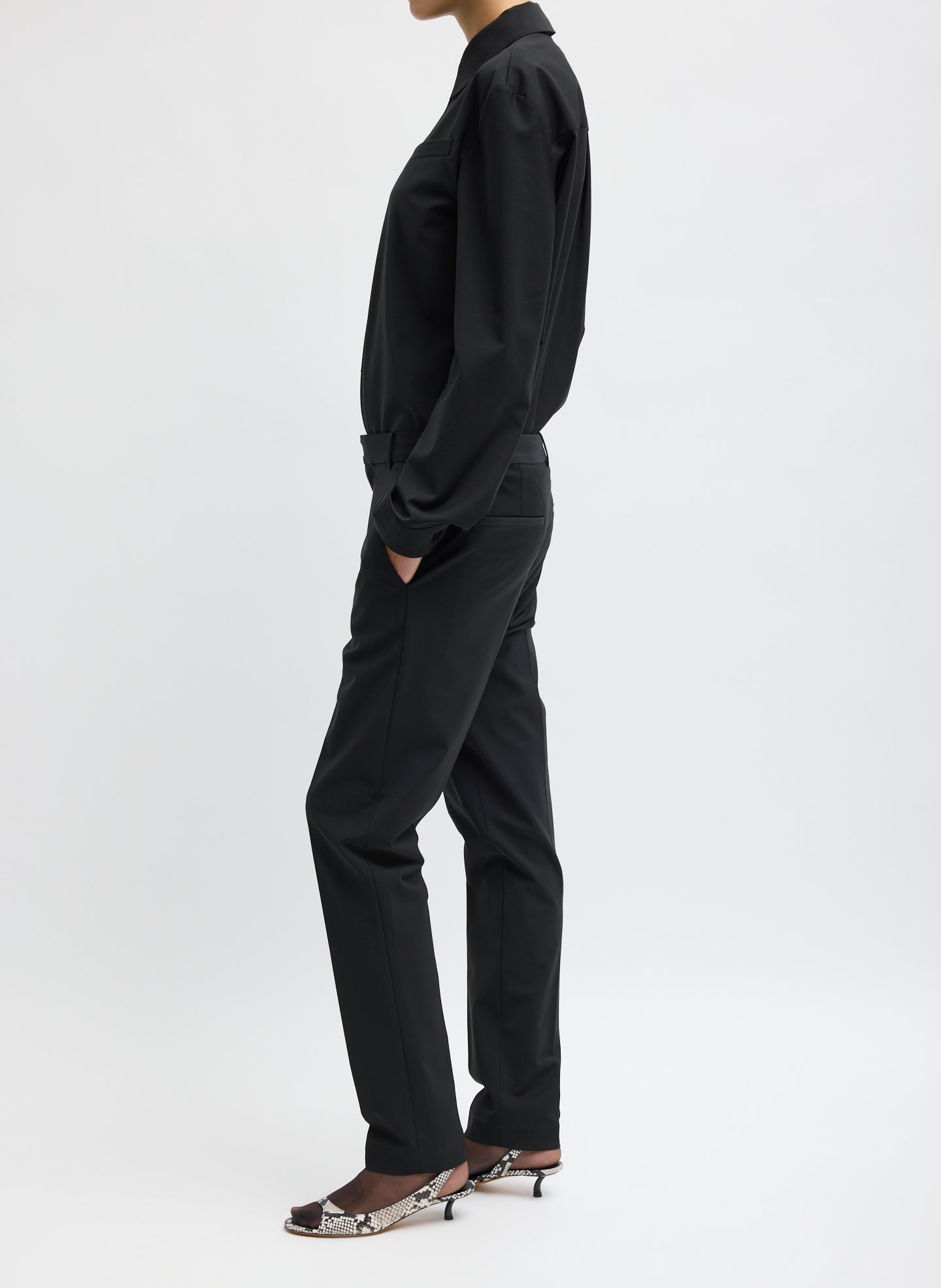 Black Recycled Tropical Wool Marcus Slim Trouser - side view on model
