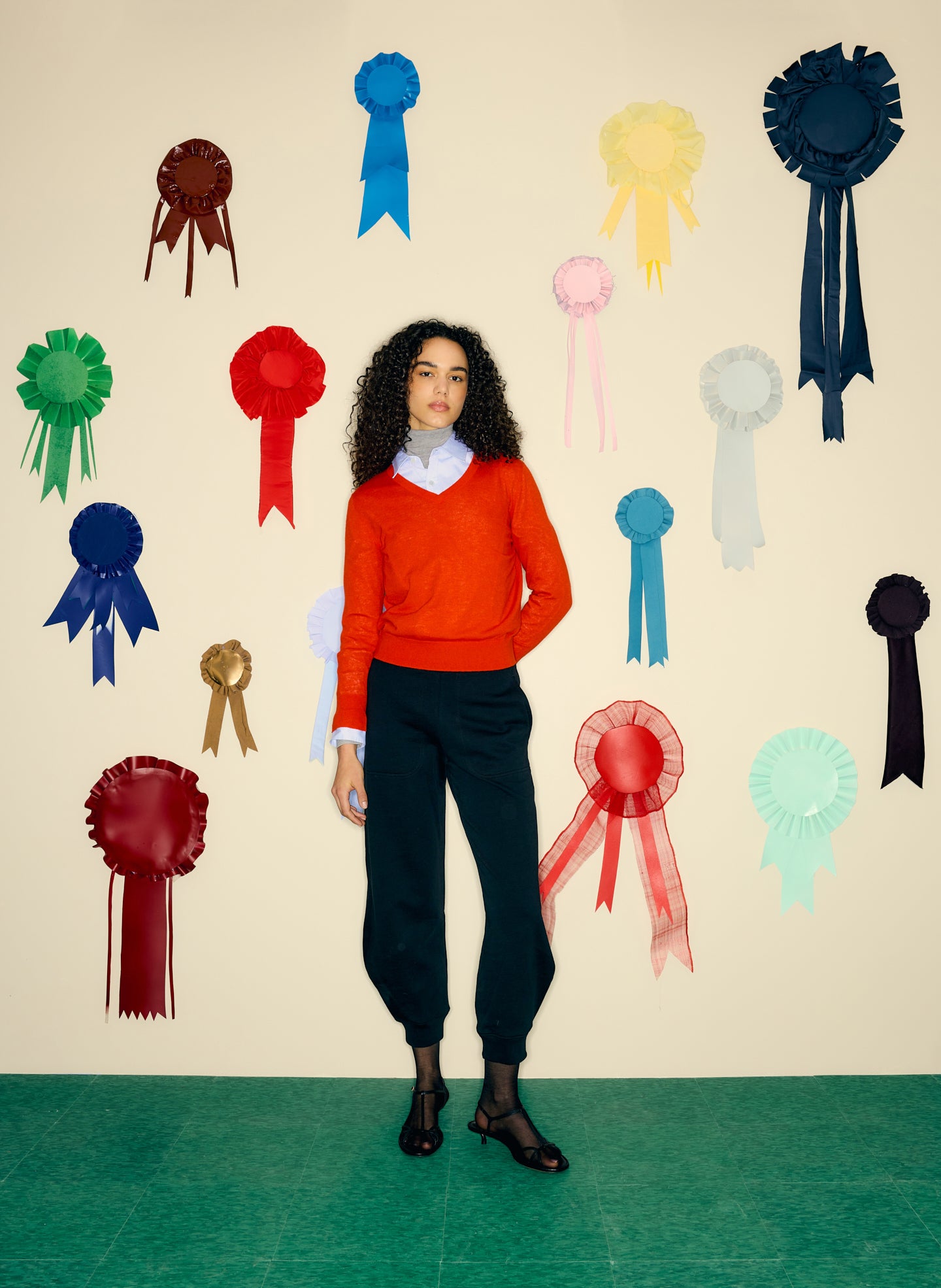 Bright Red Skinlike Mercerized Wool Shrunken V-Neck Sweater - editorial campaign on model