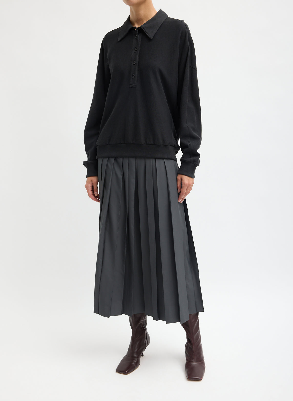 Nylon Pleated Pull On Skirt - Charcoal Grey Nylon Pleated Pull On Skirt - pleated midi skirt, front view on model