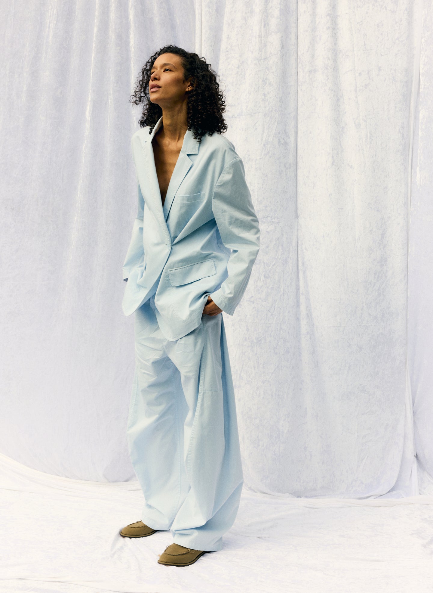 Pale Blue Garment Dyed Silky Cotton Winslow Pull On Pant - editorial image on model