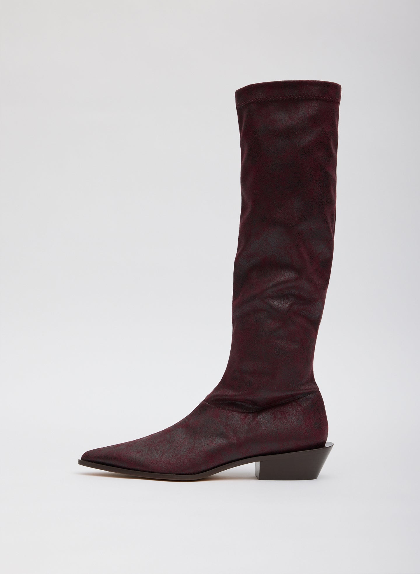 Burgundy Wine Distressed Bronson Boot - high, pointed toe boot - side view