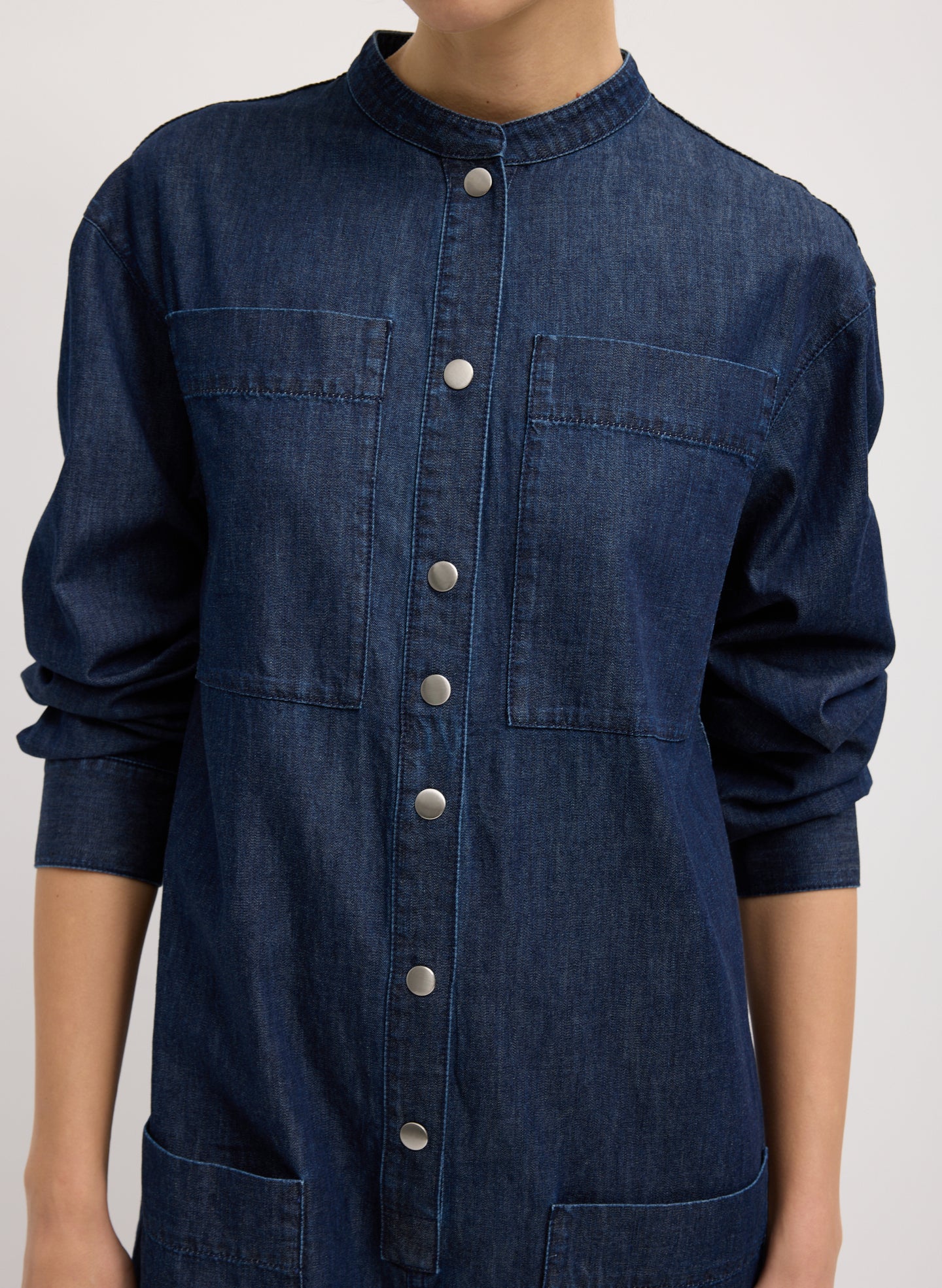 Dark Wash Summer Denim Jumpsuit - closeup of front button details
