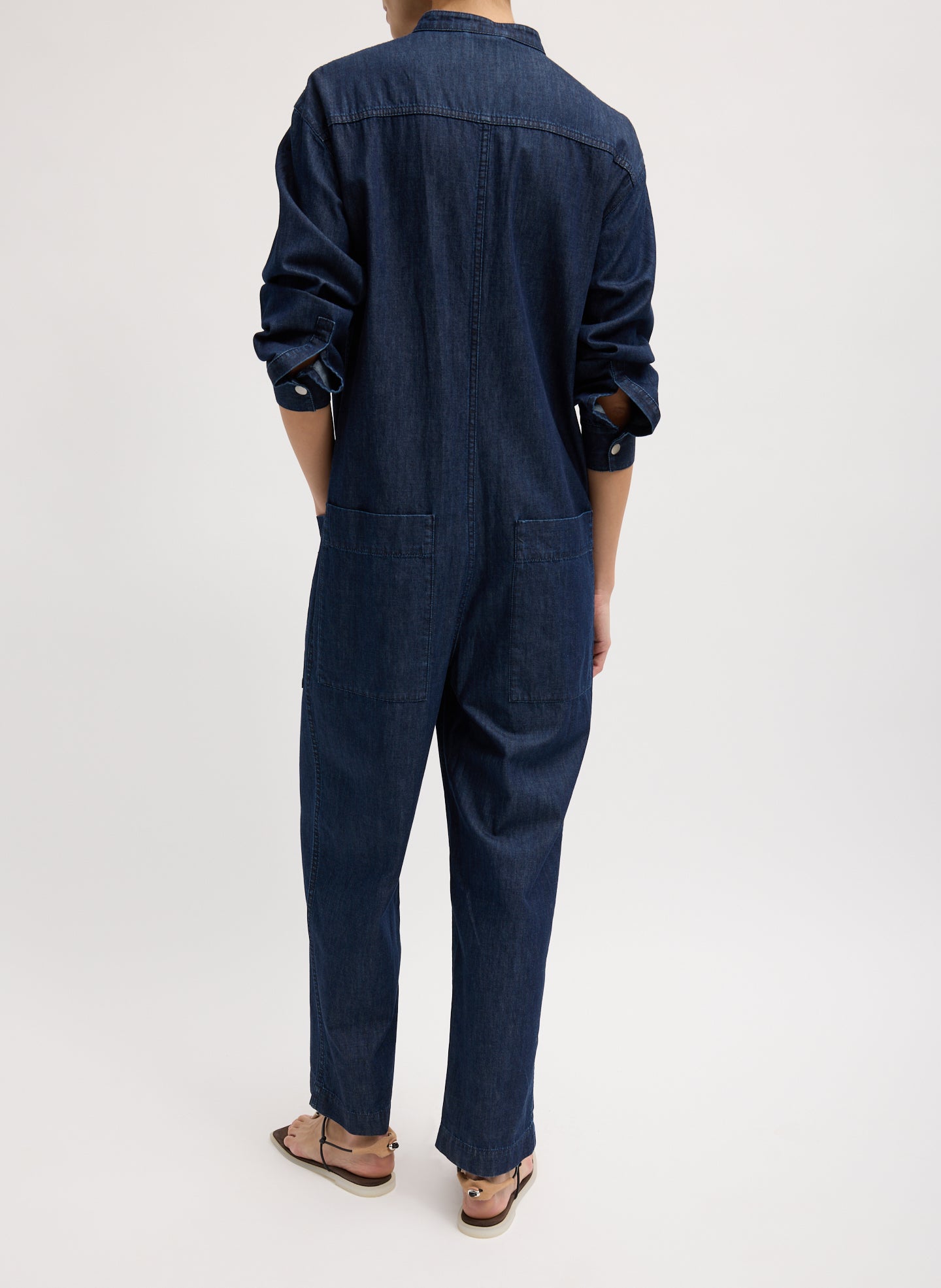 Dark Wash Summer Denim Jumpsuit - long sleeved, button up, back view on model