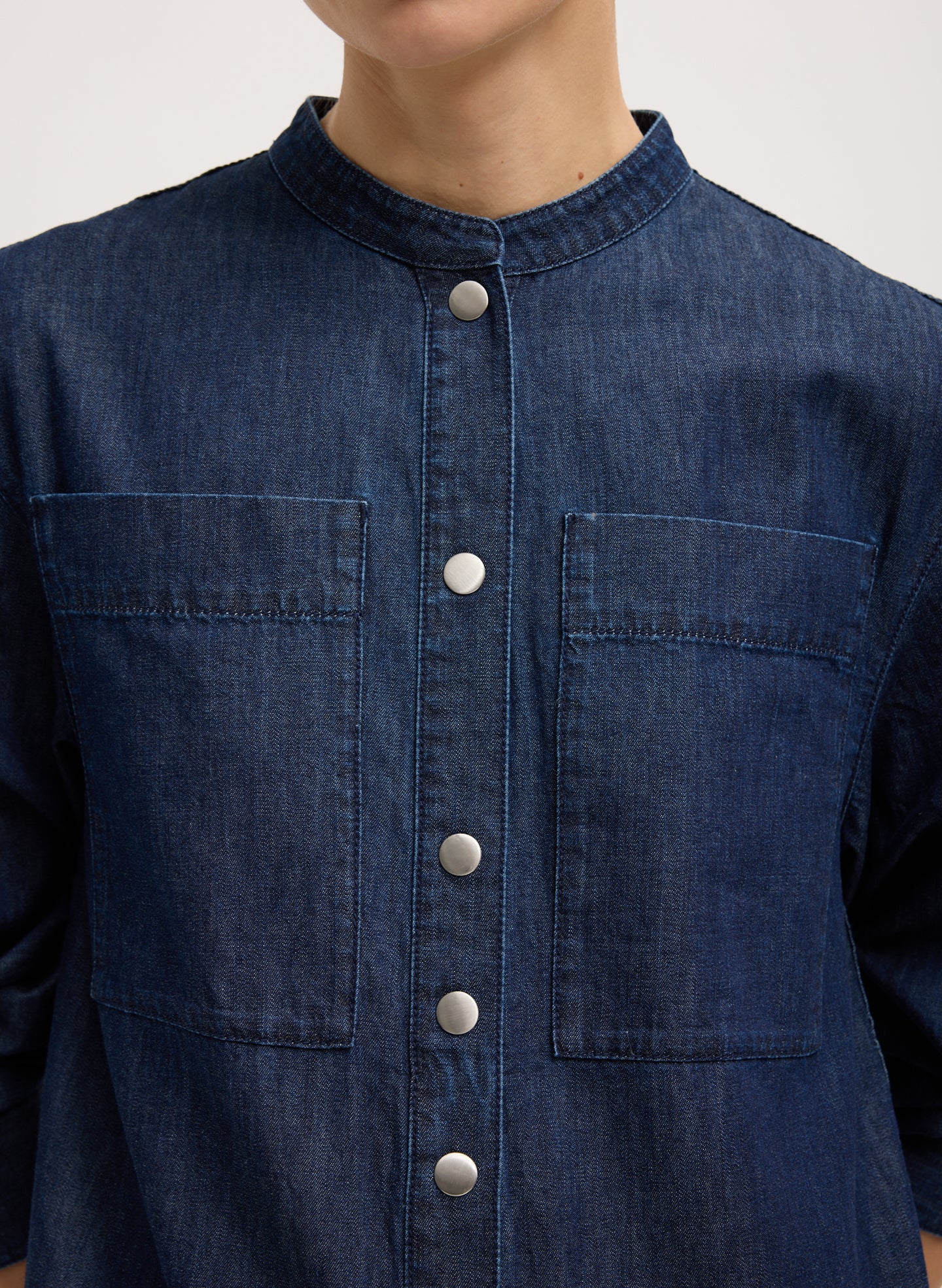 Dark Wash Summer Denim Jumpsuit - closeup of front button details