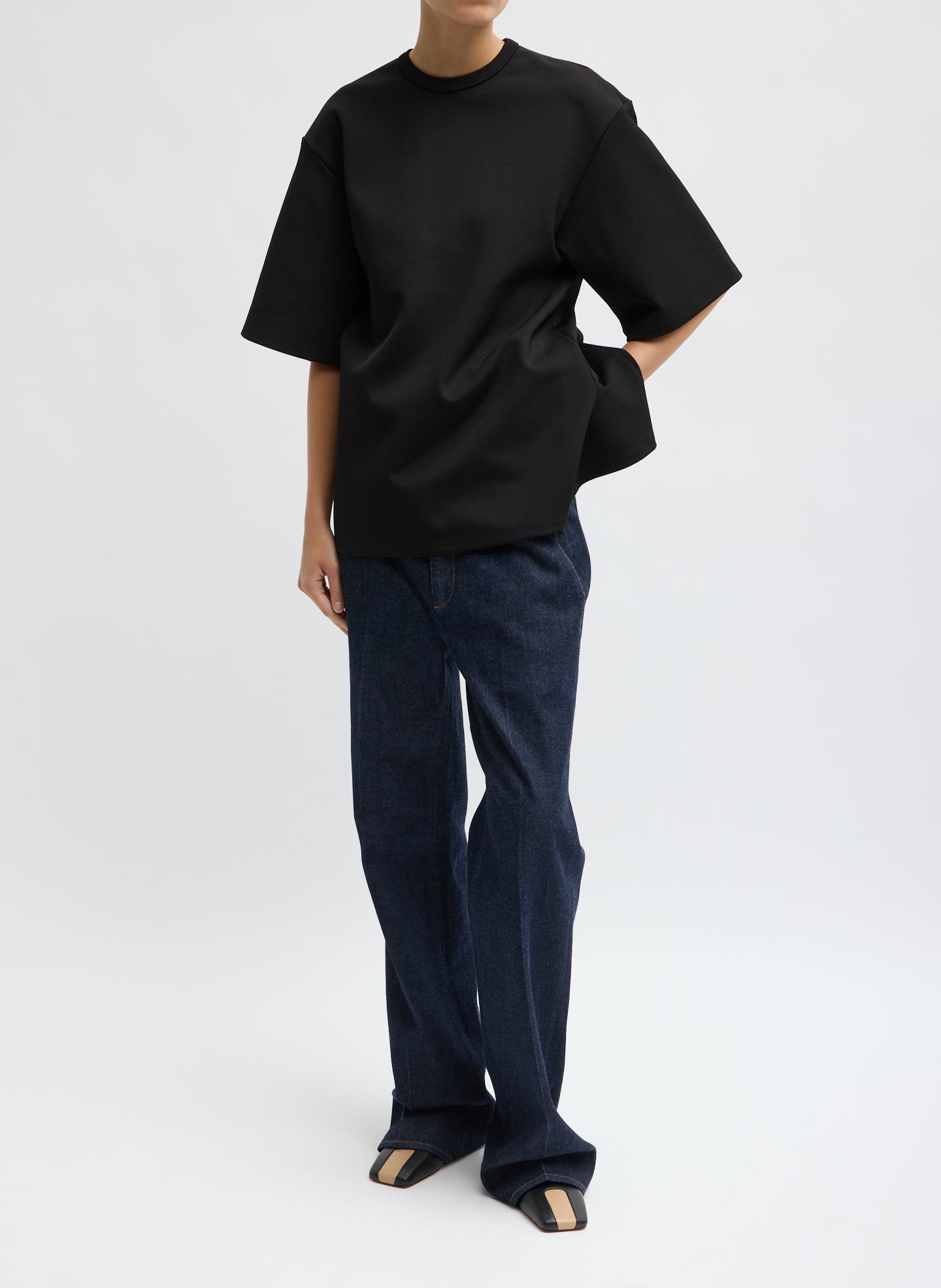 Black Luxe Crepe Knit Easy Tunic Top - full look, front view on model