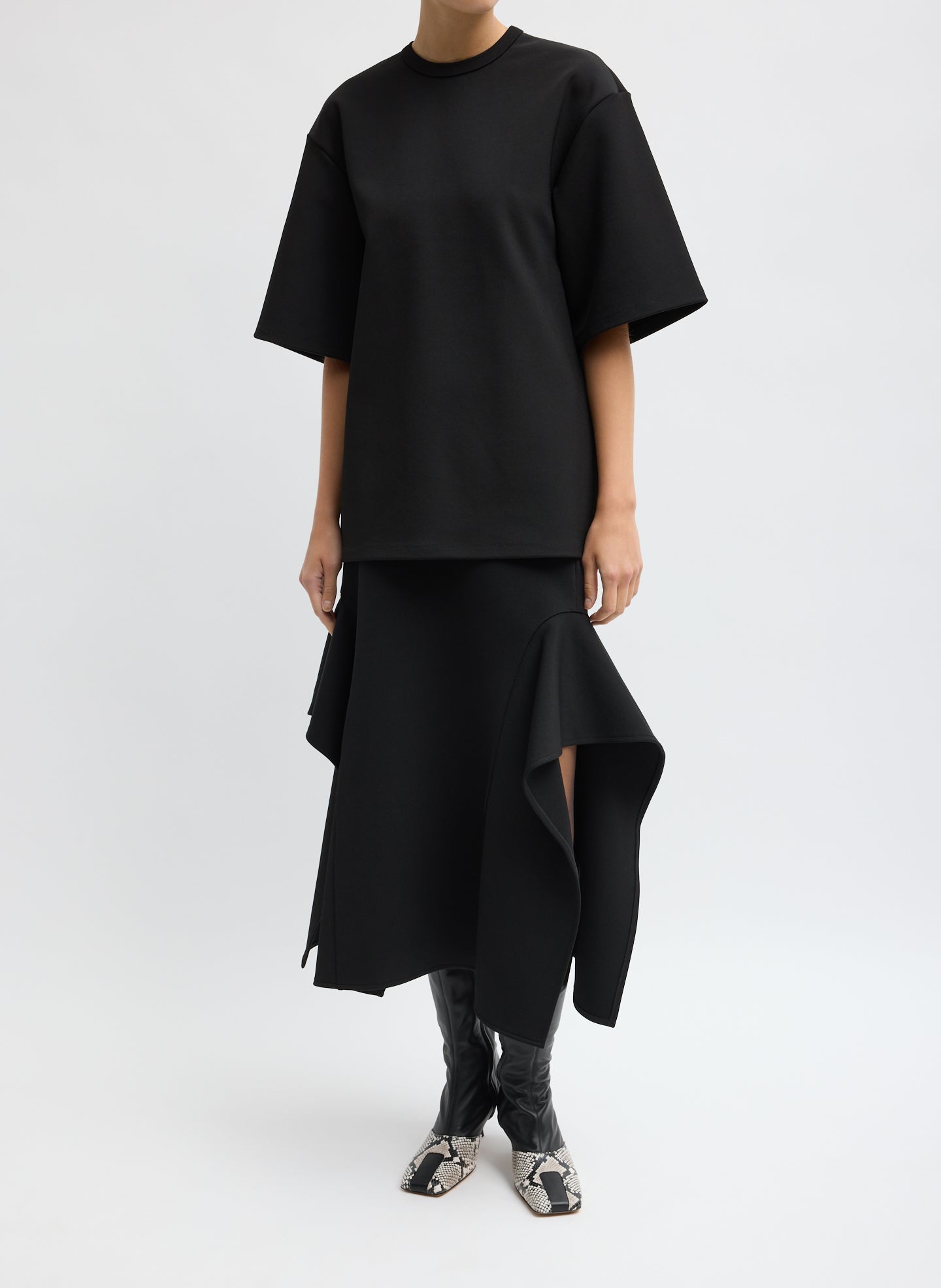 Black Luxe Crepe Knit Easy Tunic Top - full look, front view on model