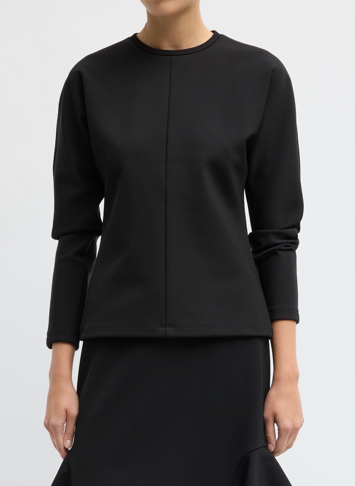 Black Luxe Crepe Knit Dolman Top - long sleeve top, front view on model
