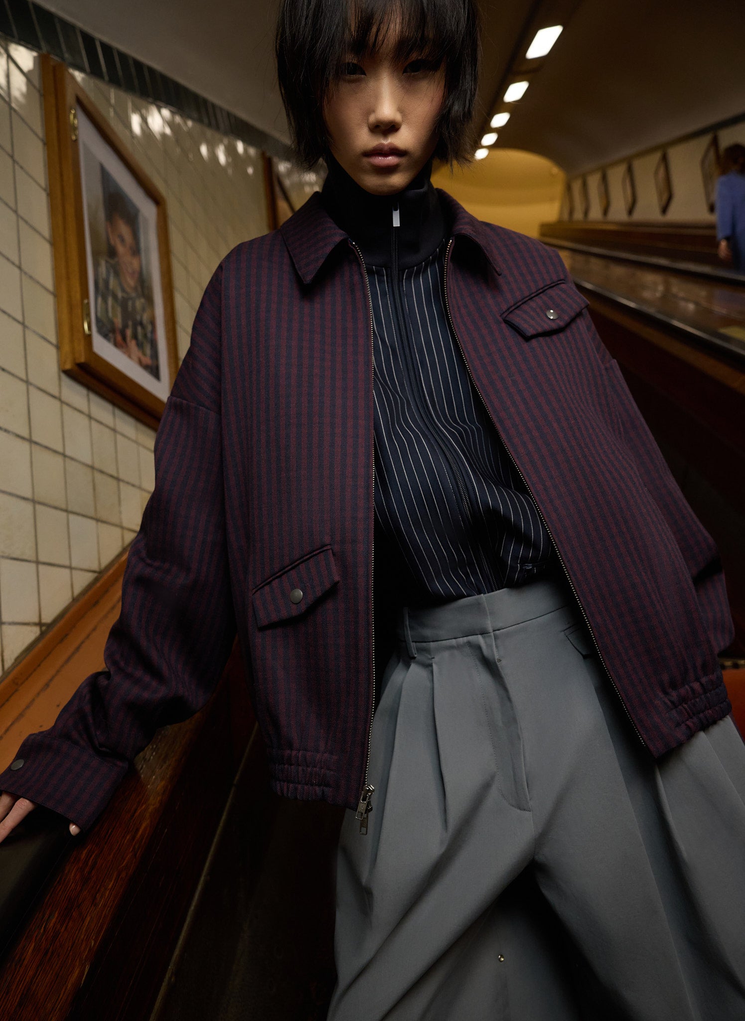 Wine Navy Multi Jules Wool Gingham Bomber Jacket - editorial campaign, on model