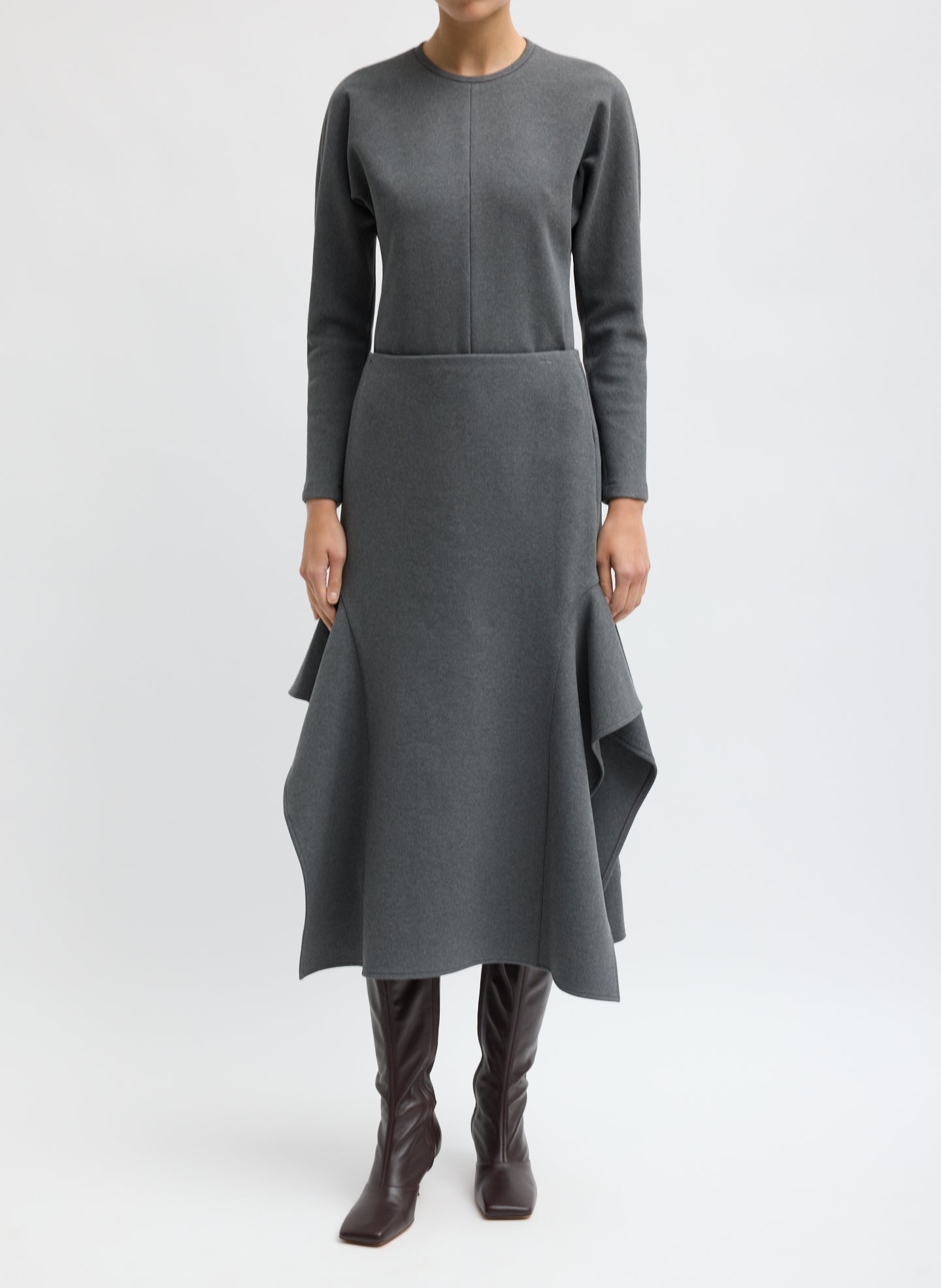 Charcoal Grey Luxe Crepe Knit Side Drape Skirt - front view on model