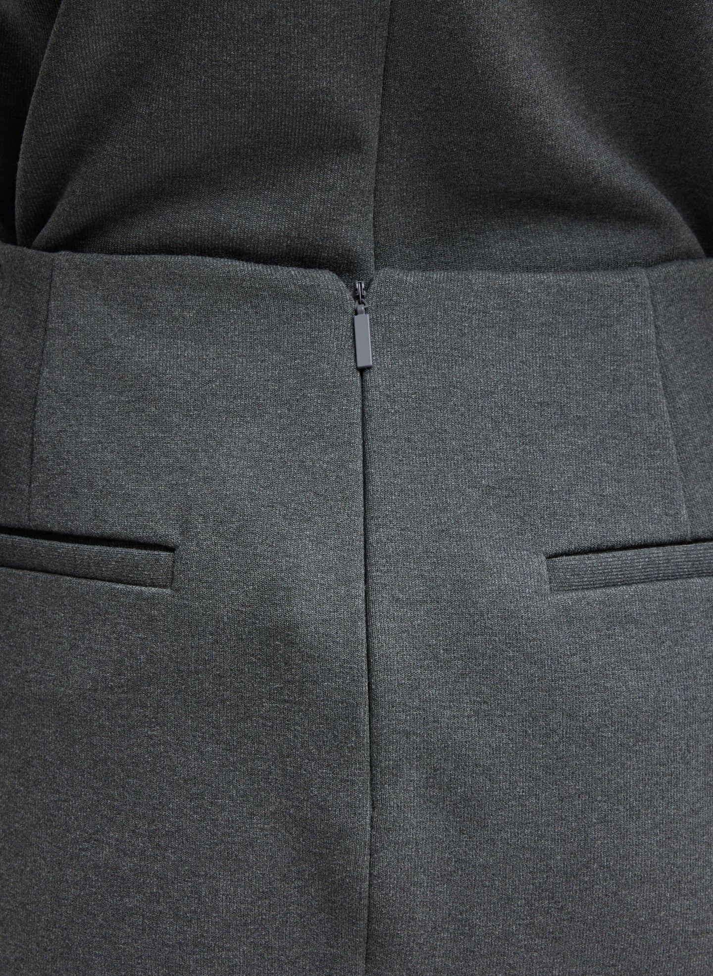 Charcoal Grey Luxe Crepe Knit Side Drape Skirt - closeup of zip detail at back