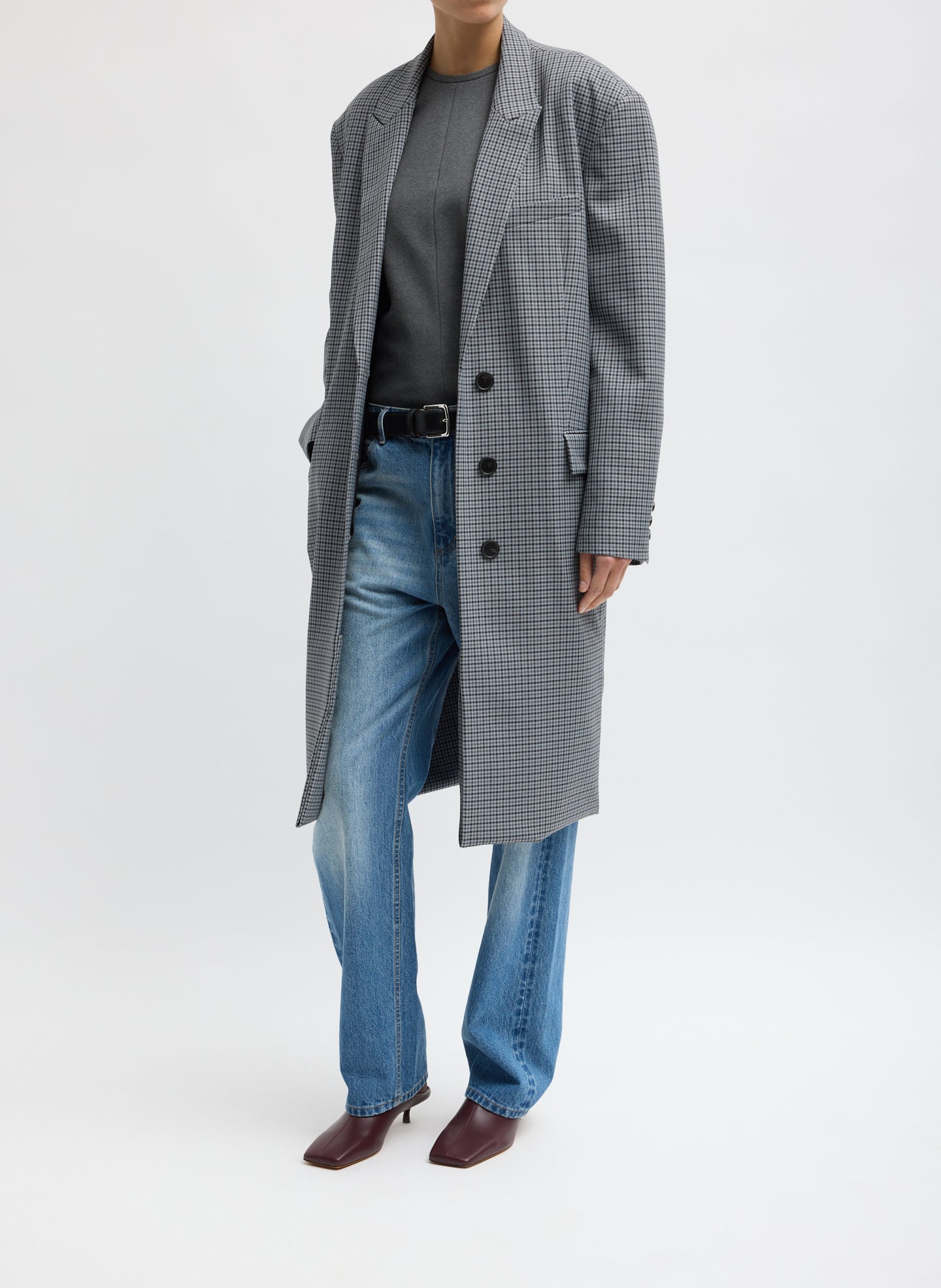 Grey Plaid Menswear Tech Twill Tailored Men's Midi Coat - front view on model