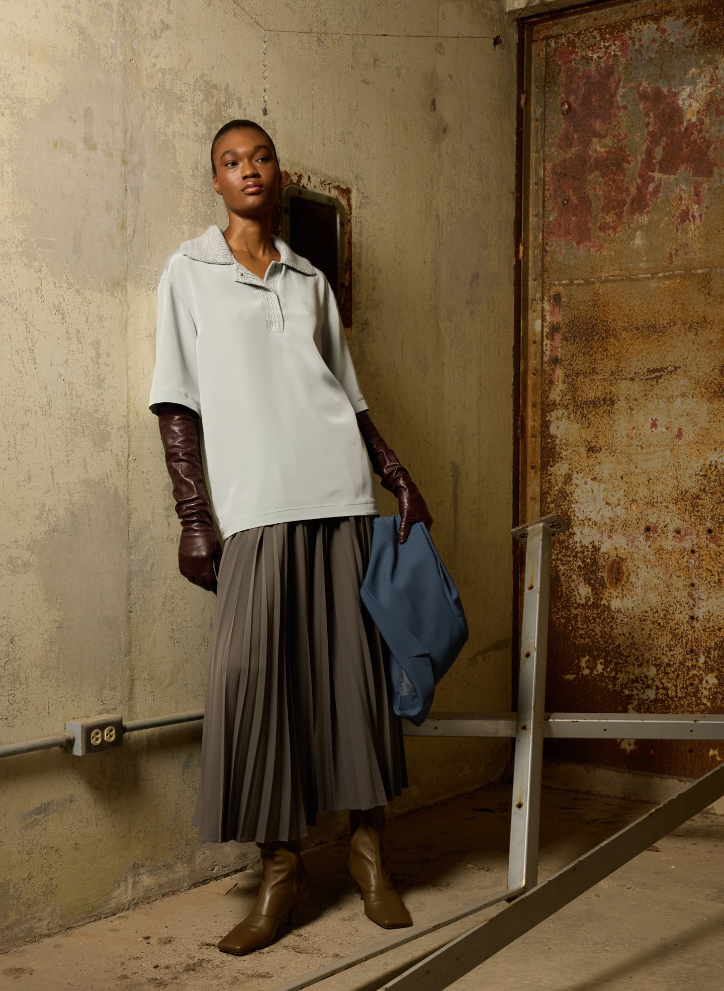 Light Grey Stretch Silk Nylon CDC Knit Collar Cocoon Top - short sleeve collared top, editorial image on model