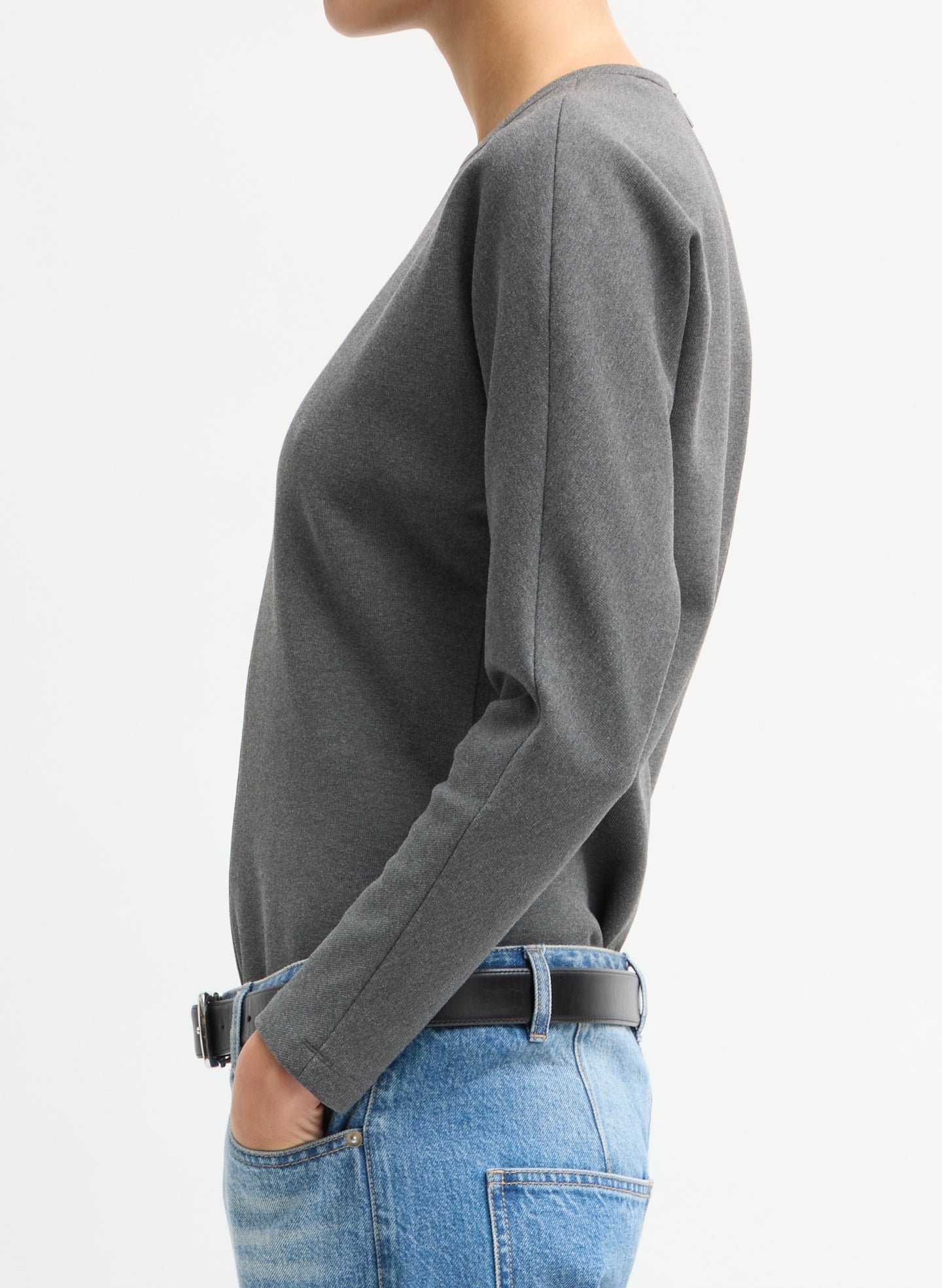 Charcoal Grey Luxe Crepe Knit Dolman Top - long sleeve top, side view on model