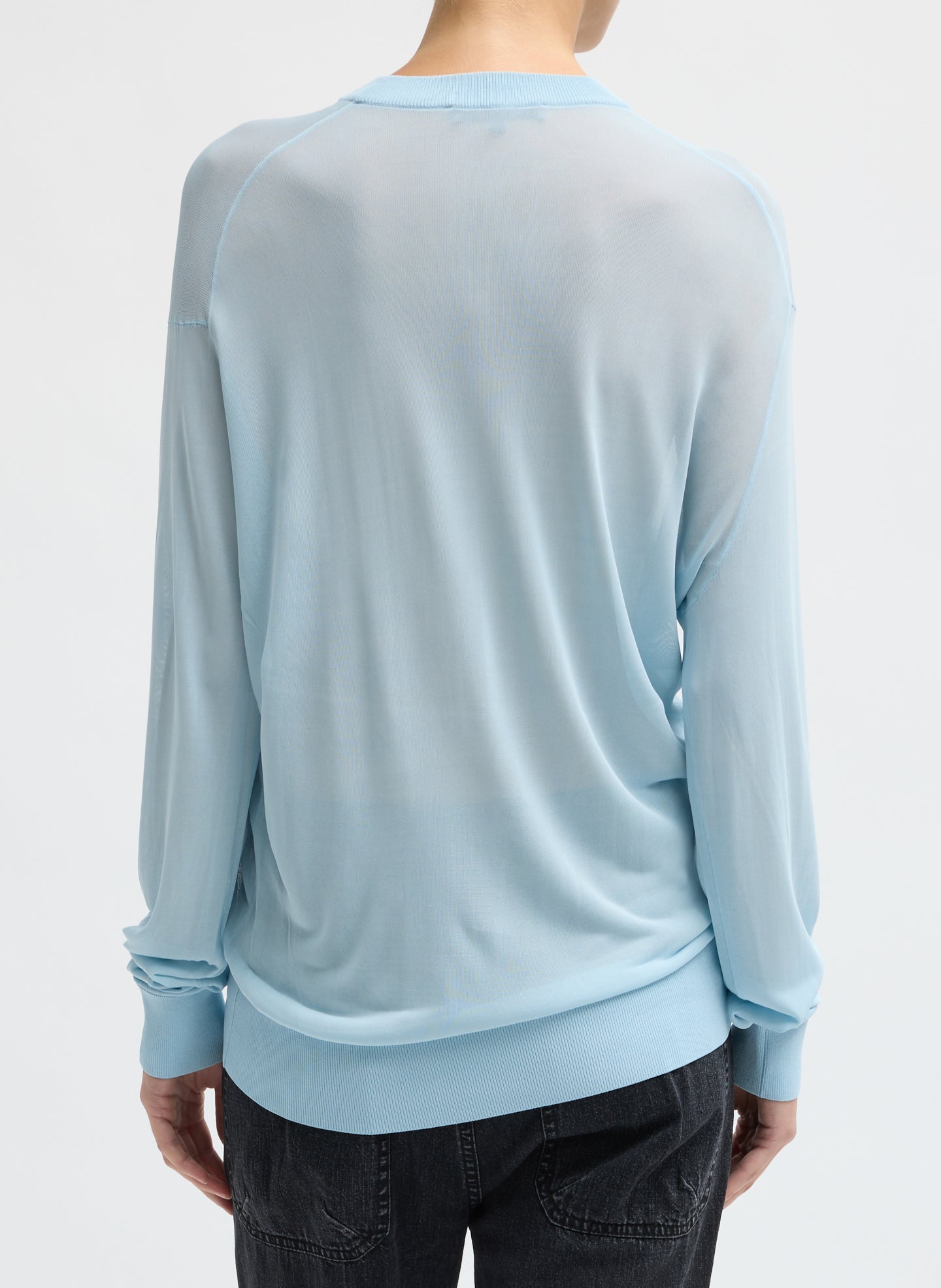 Baby Blue Slinky Viscose Perfect Men's Pullover - back view on model