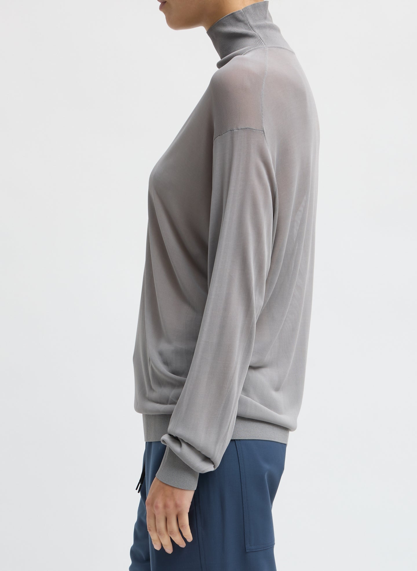 Grey Slinky Viscose Perfect Men's Turtleneck - side view on model