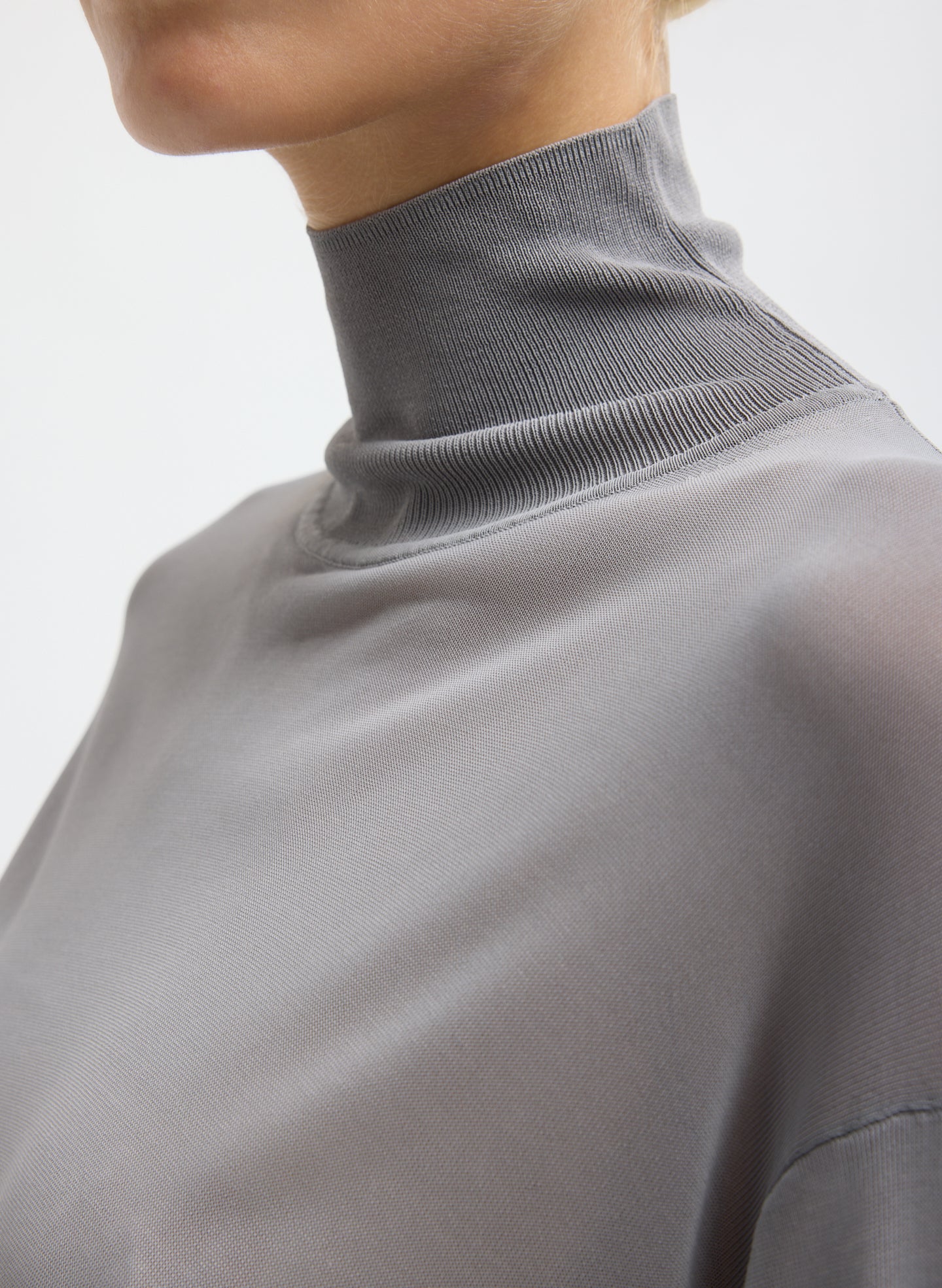 Grey Slinky Viscose Perfect Men's Turtleneck - closeup of turtleneck