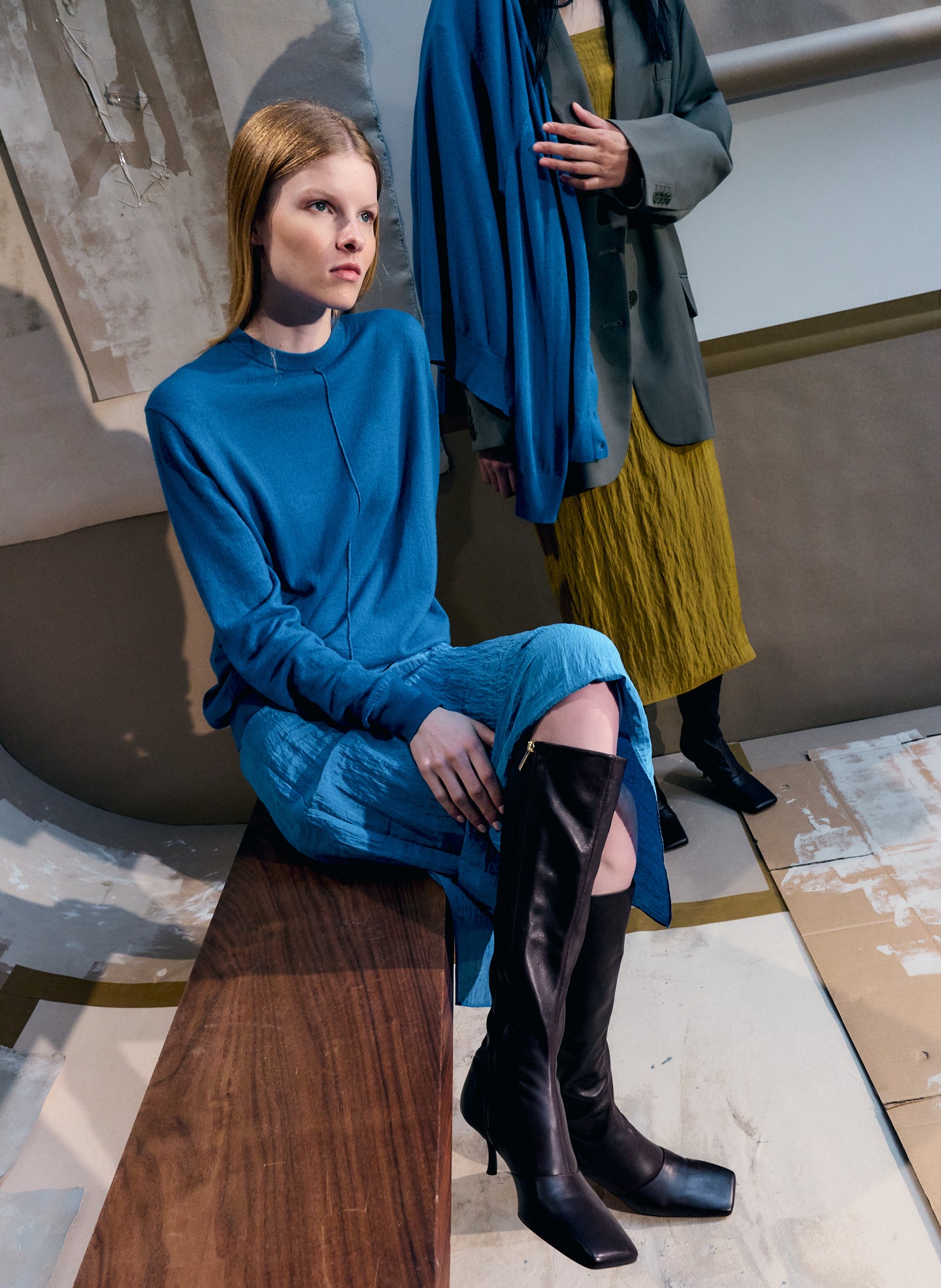 Bright Blue Crinkle Slip Skirt - midi slip skirt, editorial image on model