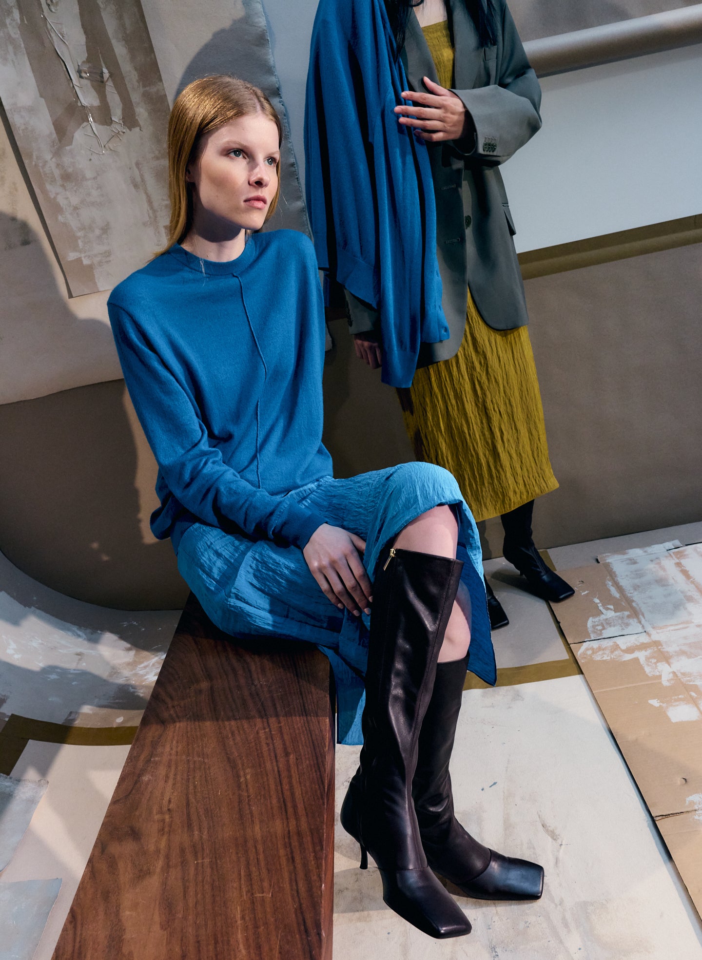 Bright Blue Skinlike Mercerized Wool Crewneck Pullover - editorial image on model