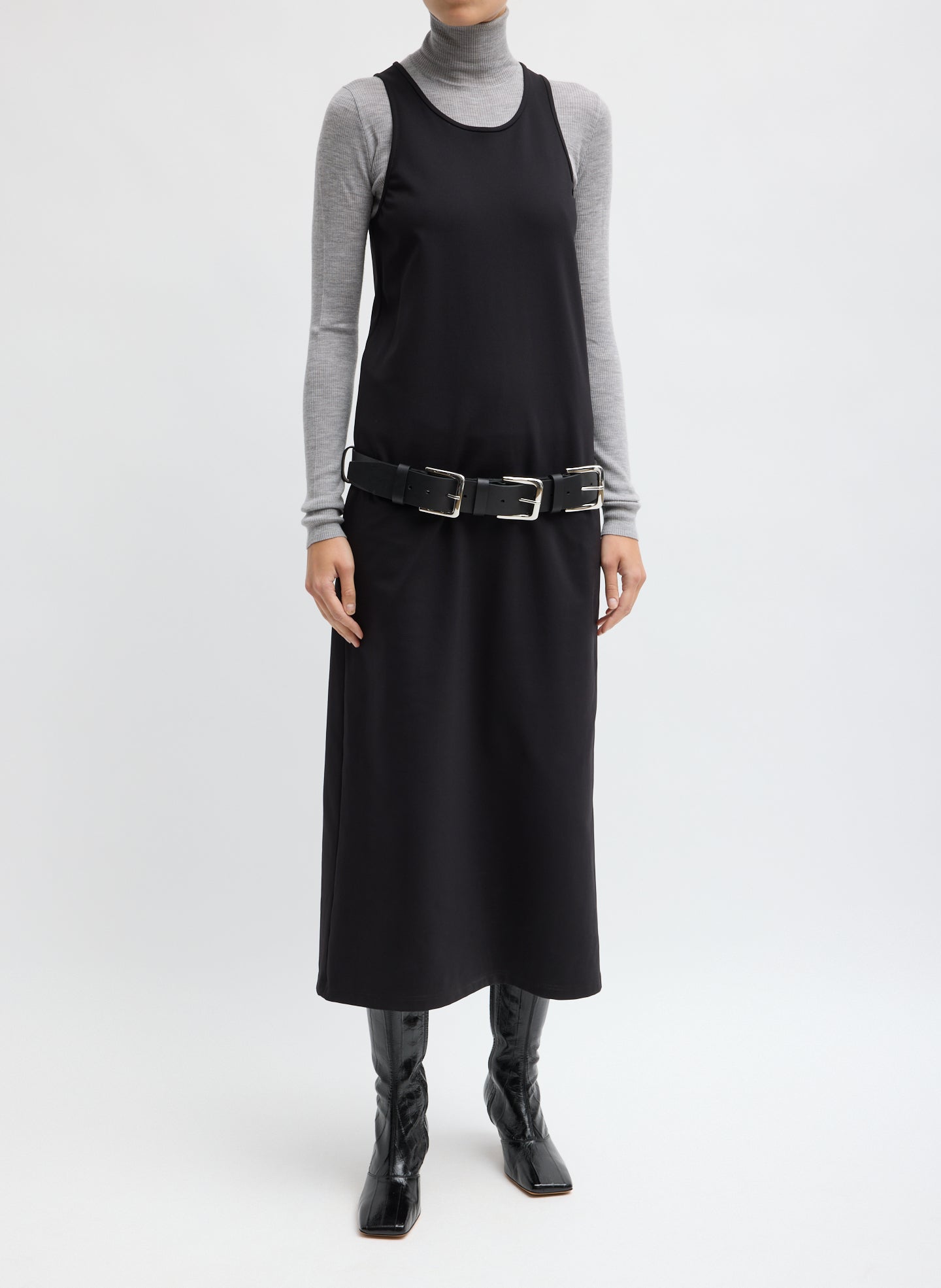 Black Compact Ultra Stretch Knit Sleeveless Maxi Dress - front view on model