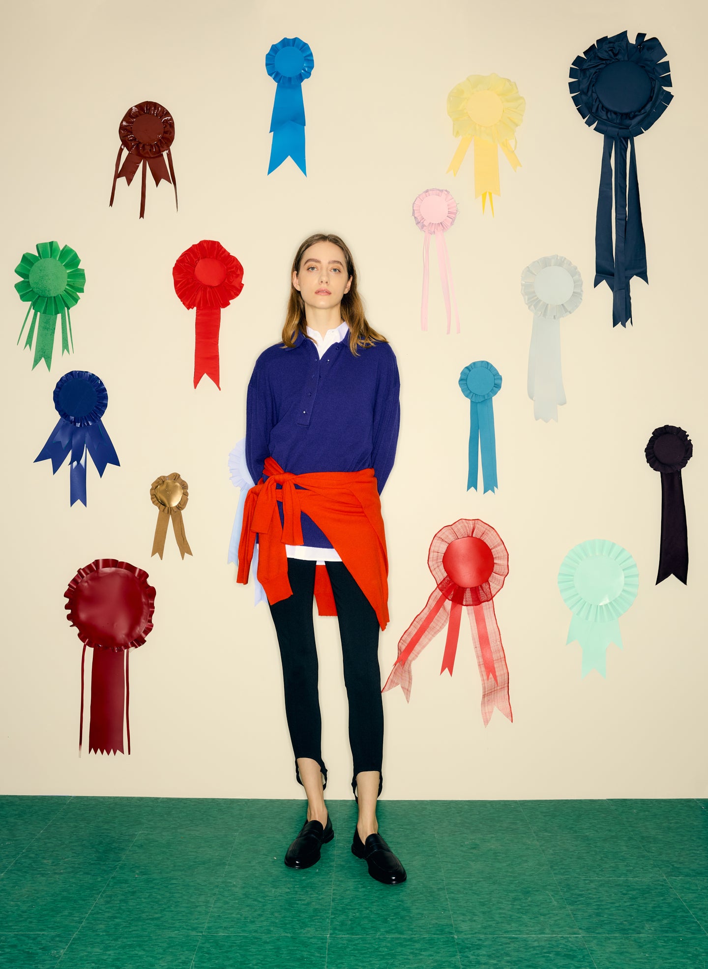 Bright Ink Blue Washable Cashmere Easy Polo Sweater - editorial campaign on model