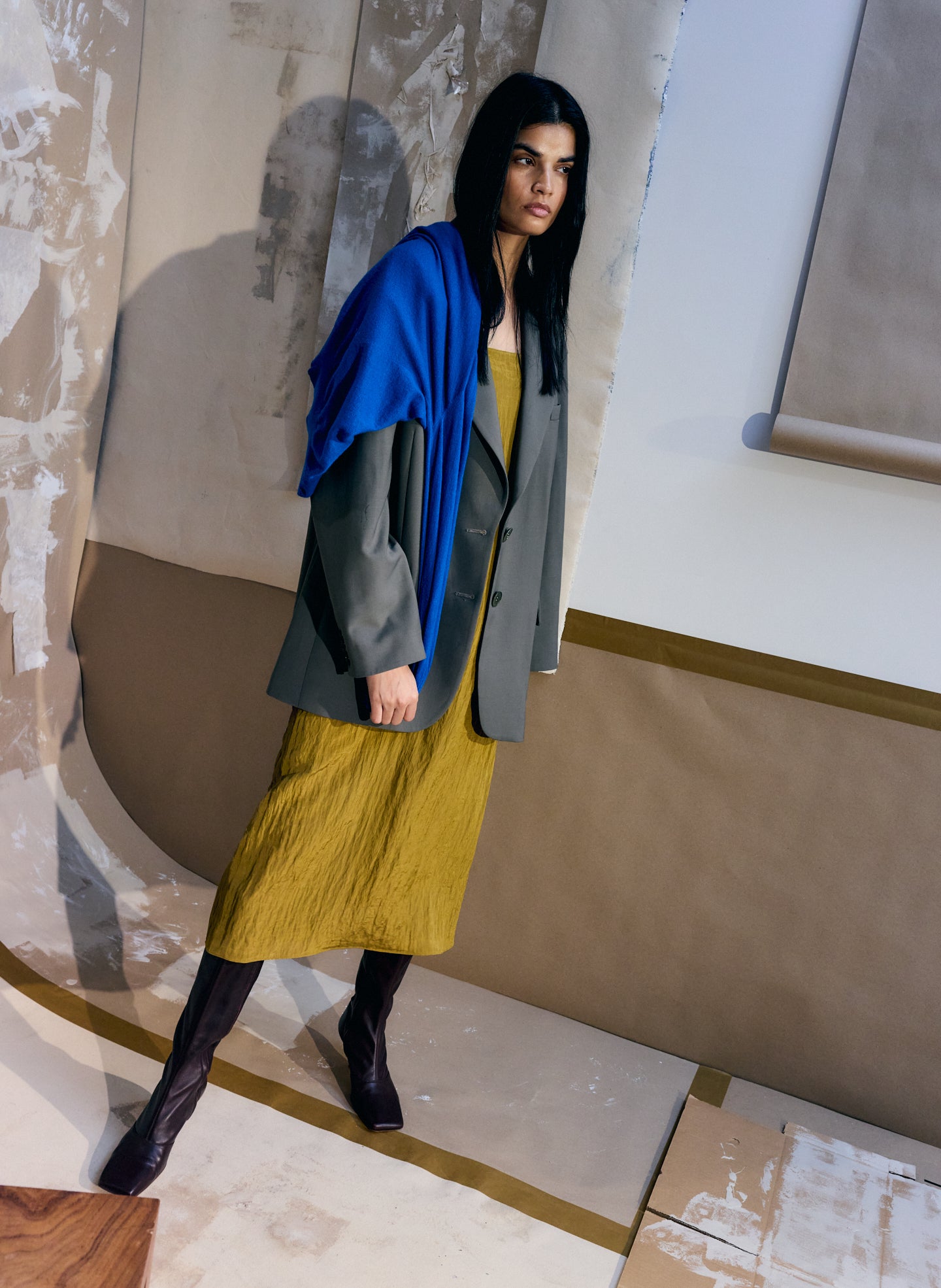 Mustard Yelllow Crinkle Slip Dress - editorial image on model