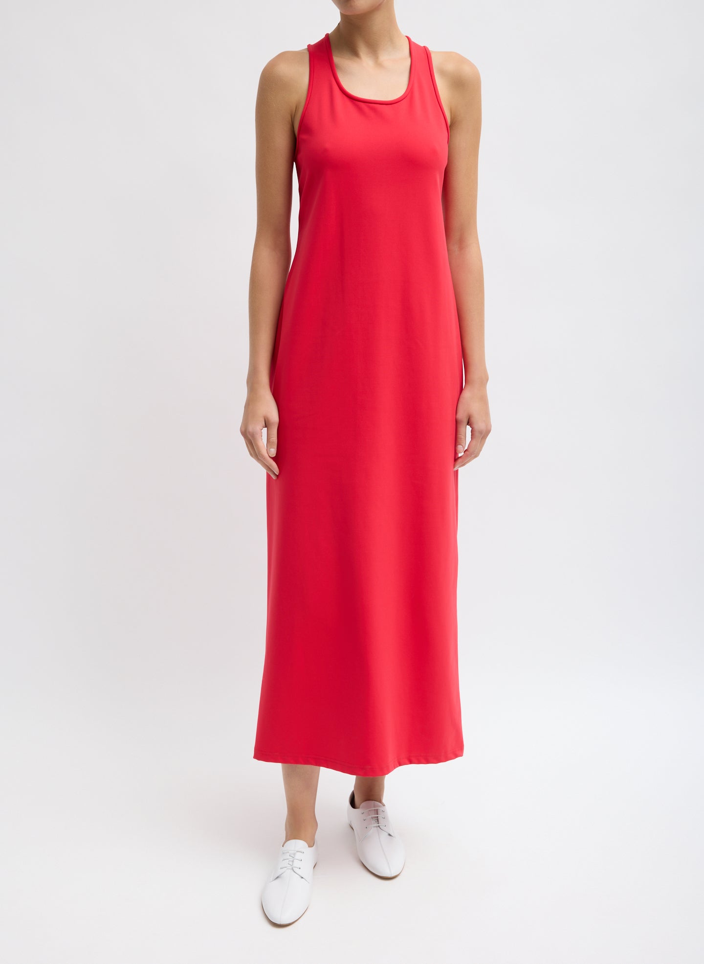 Red Compact Ultra Stretch Knit Sleeveless Dress - front view on model