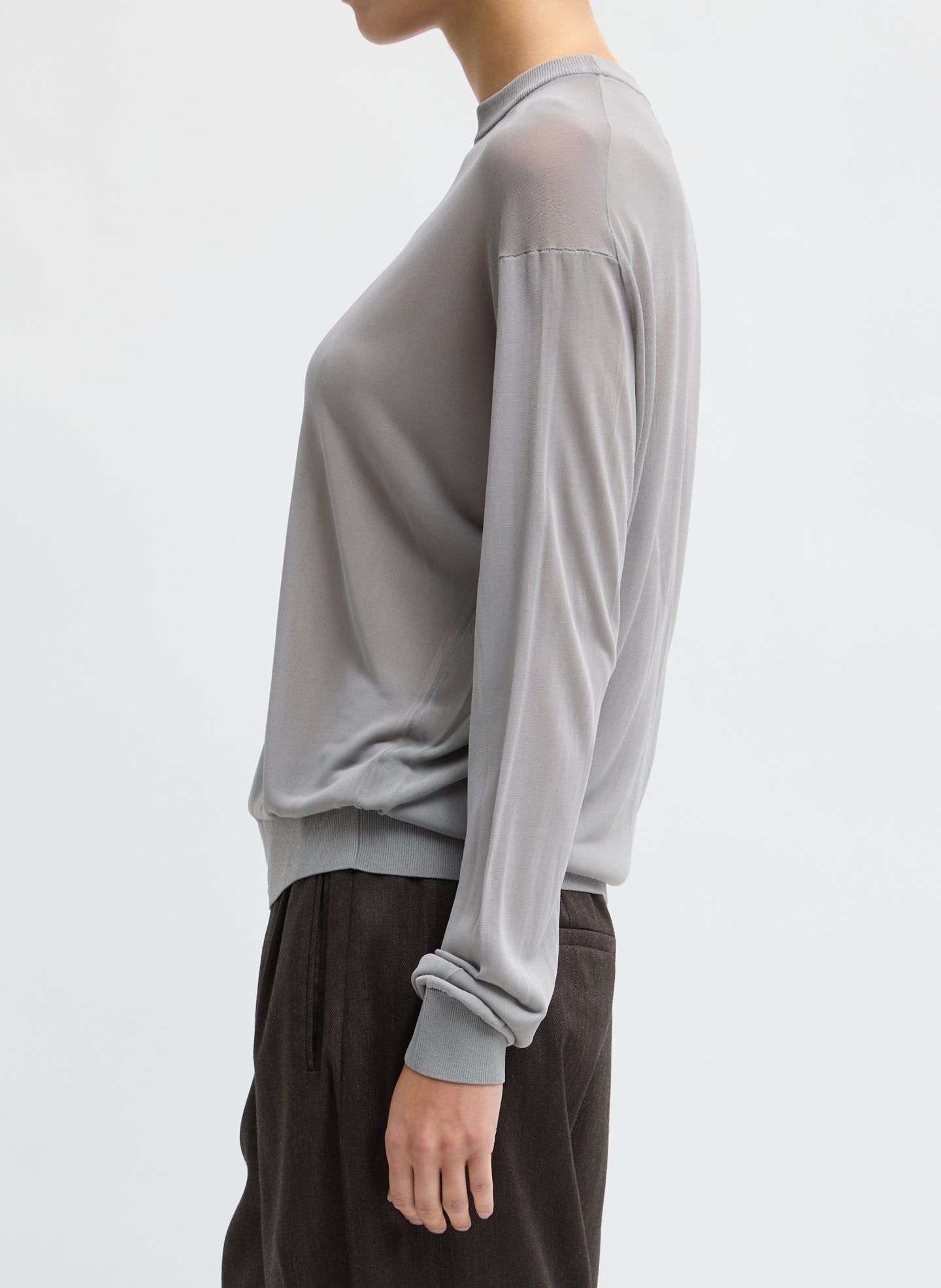Grey Slinky Viscose Perfect Men's Pullover - side view on model