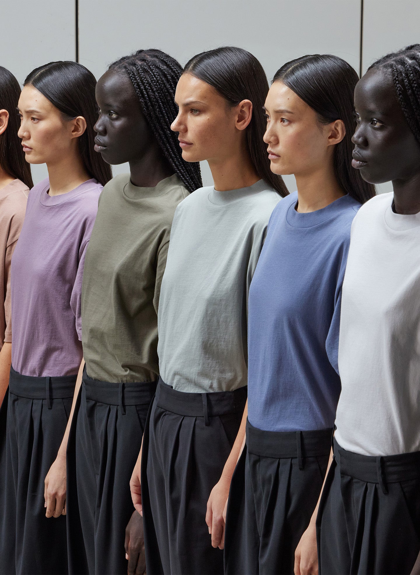 Dusty Navy Blue Mock Neck Unisex T-Shirt - editorial campaign