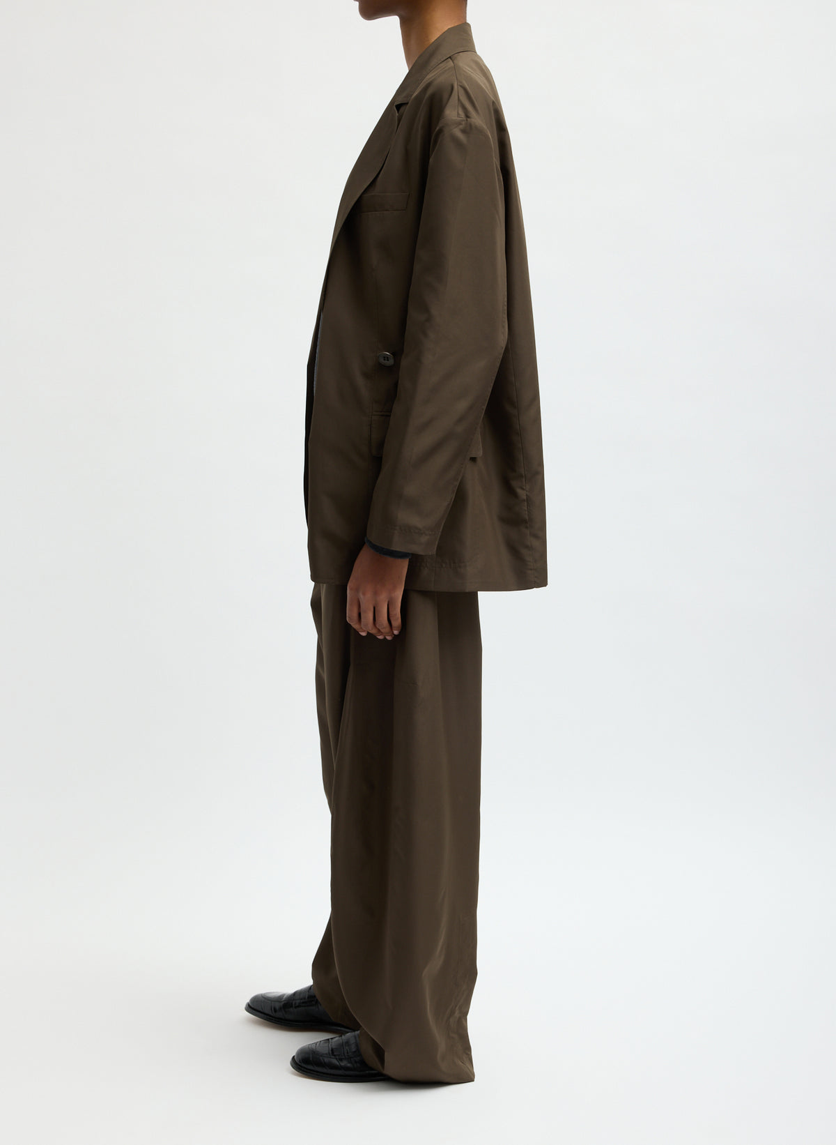 Birch Green Spring Nylon Liam Blazer - oversized blazer, side view on model