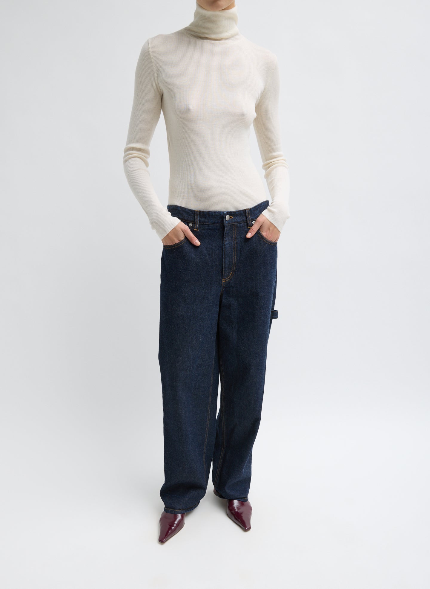 Off White Featherweight Ribbed Sweater Turtleneck Pullover - full look, front view on model