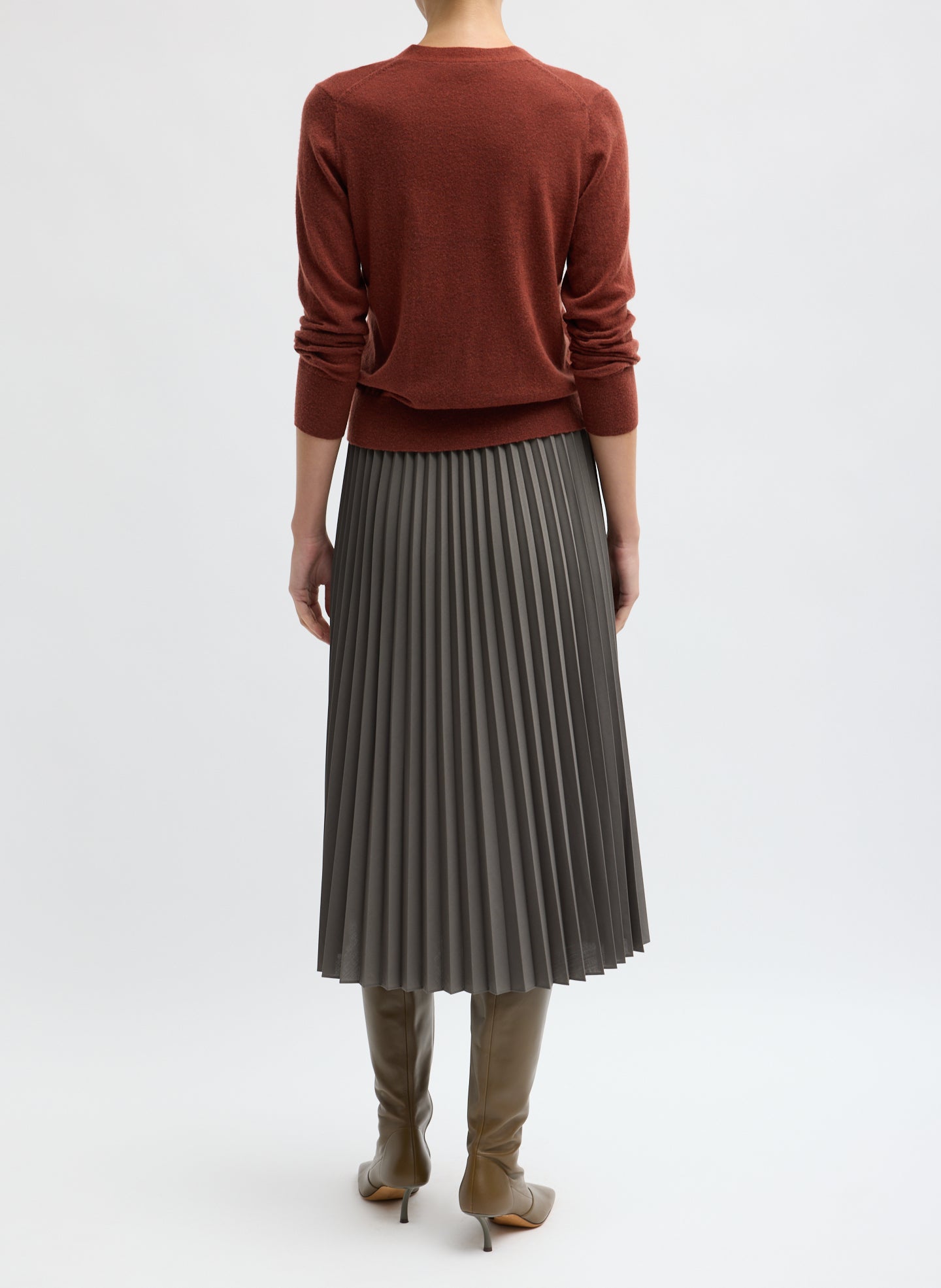 Dark Stone Grey Tropical Wool Pleating Sunray Skirt - pleated midi skirt, back view on model