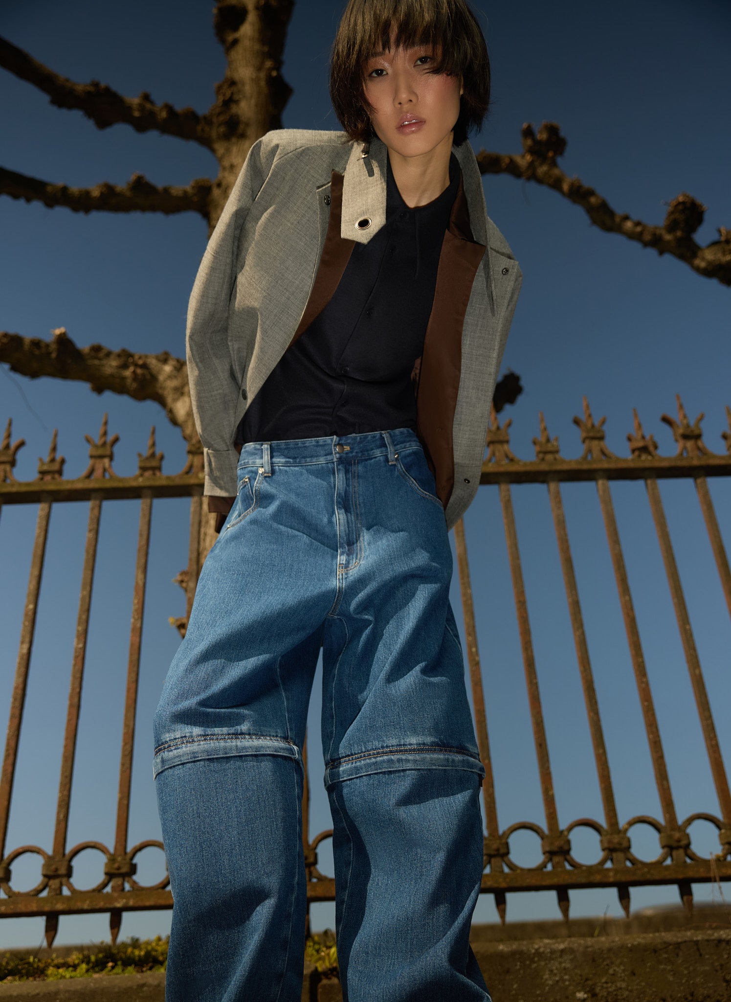 Grey Techy Bonded Wool Olivier Blazer - editorial campaign, front view on model