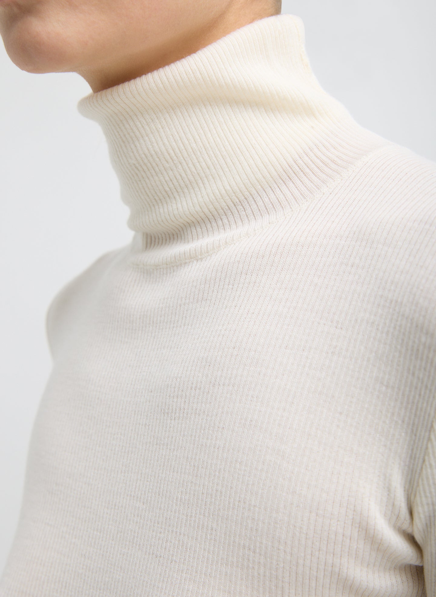 Off White Featherweight Ribbed Sweater Turtleneck Pullover - closeup of neckline