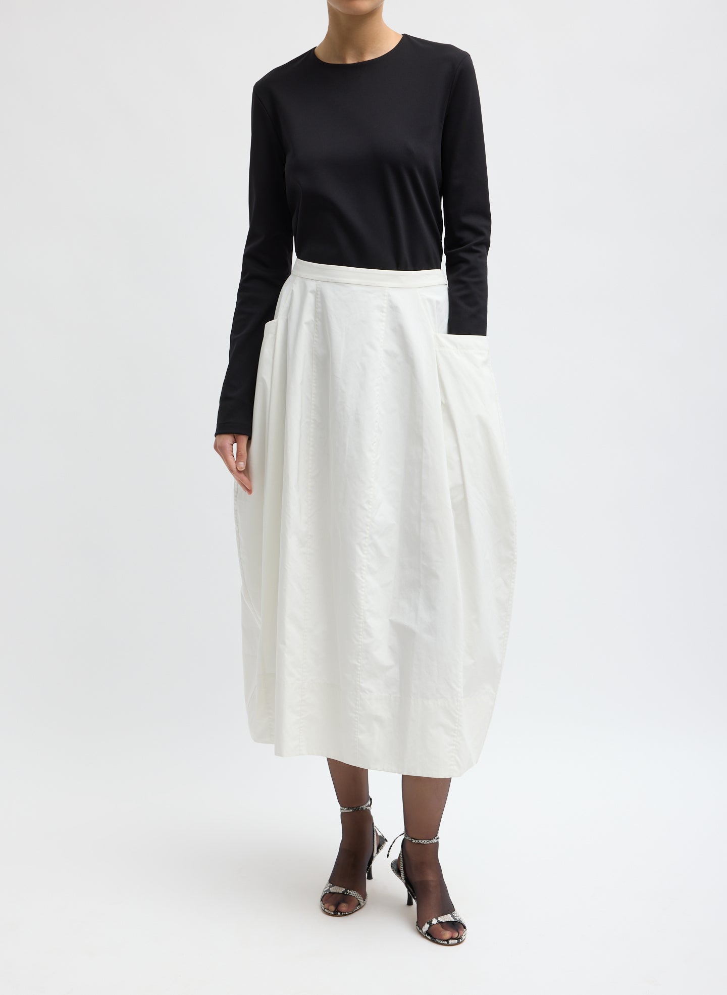 White Nylon Lantern Skirt - full look, front view on model