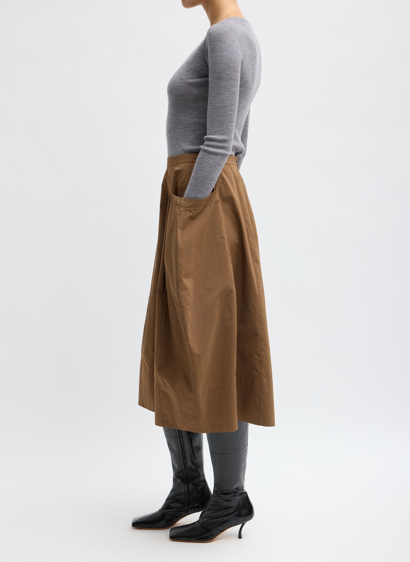 Caramel Latte Brown Nylon Lantern Skirt - balloon midi skirt, side view on model