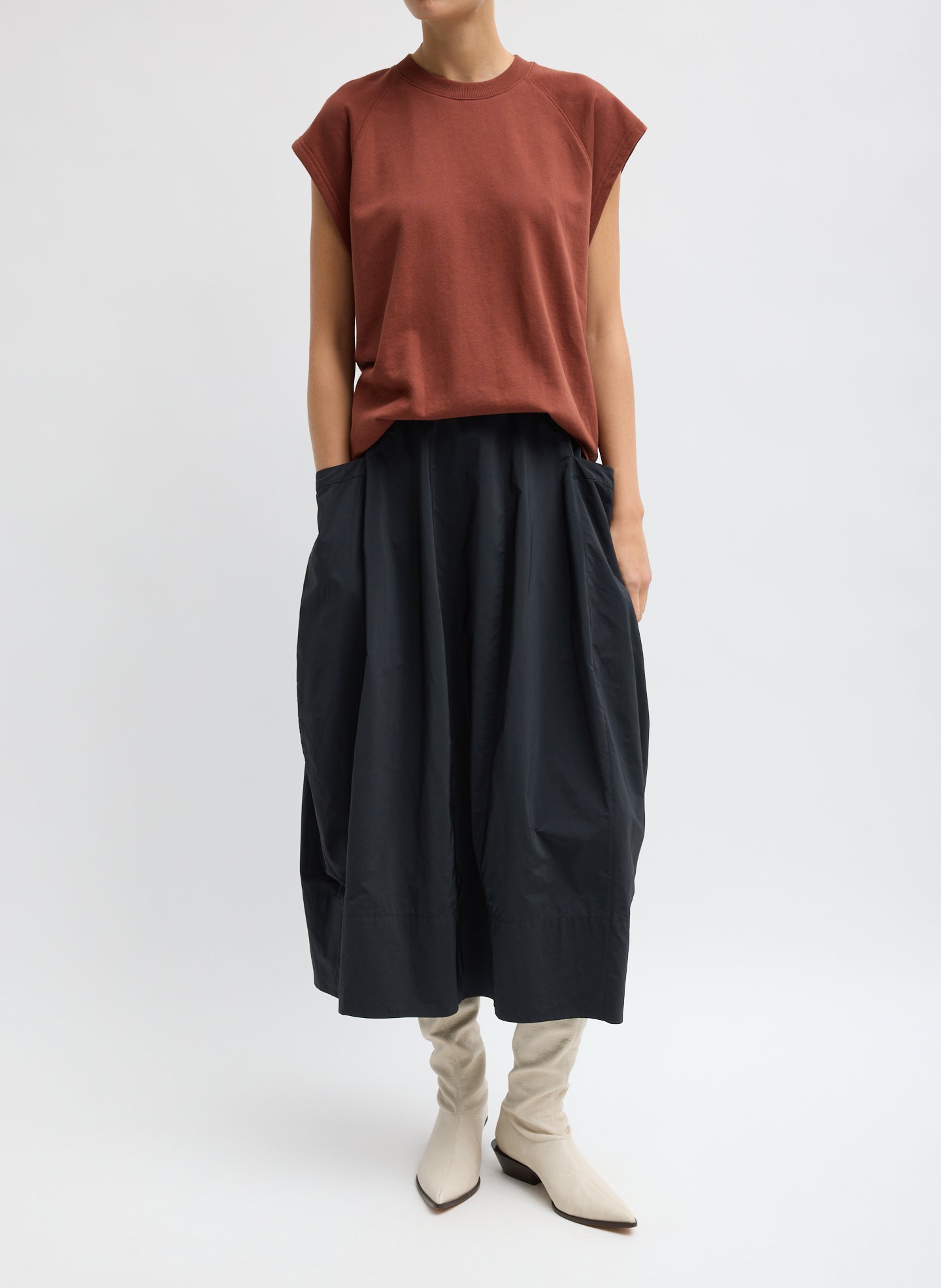 Nylon Lantern Skirt - Black Nylon Lantern Skirt - balloon midi skirt, front view on model