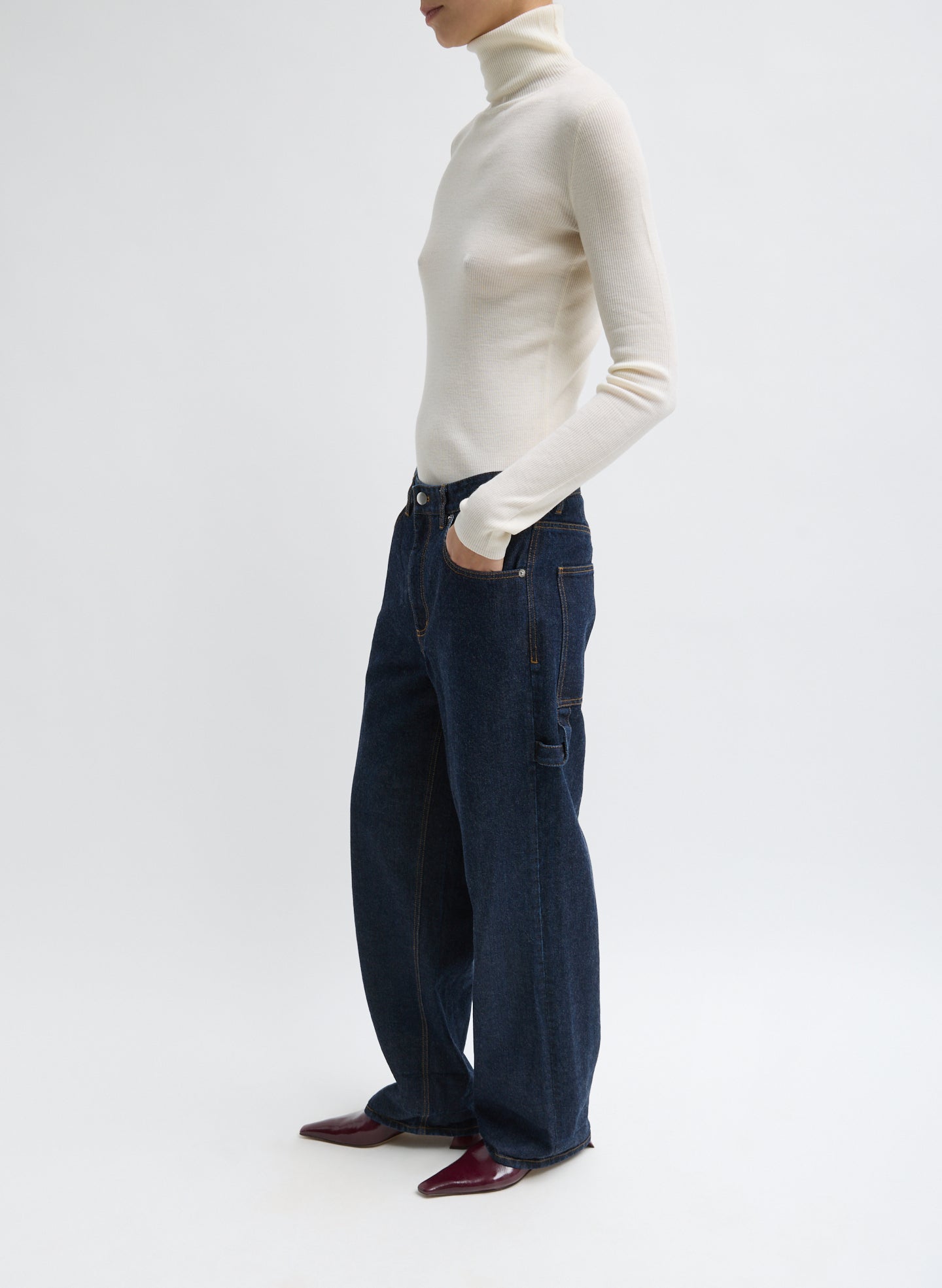Off White Featherweight Ribbed Sweater Turtleneck Pullover - full look, side view on model