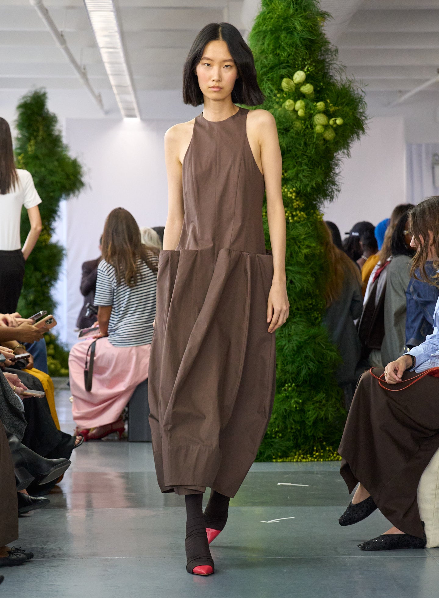 Sepia Brown Compact Eco Poplin Pinched Pleat Dress - runway shot on model