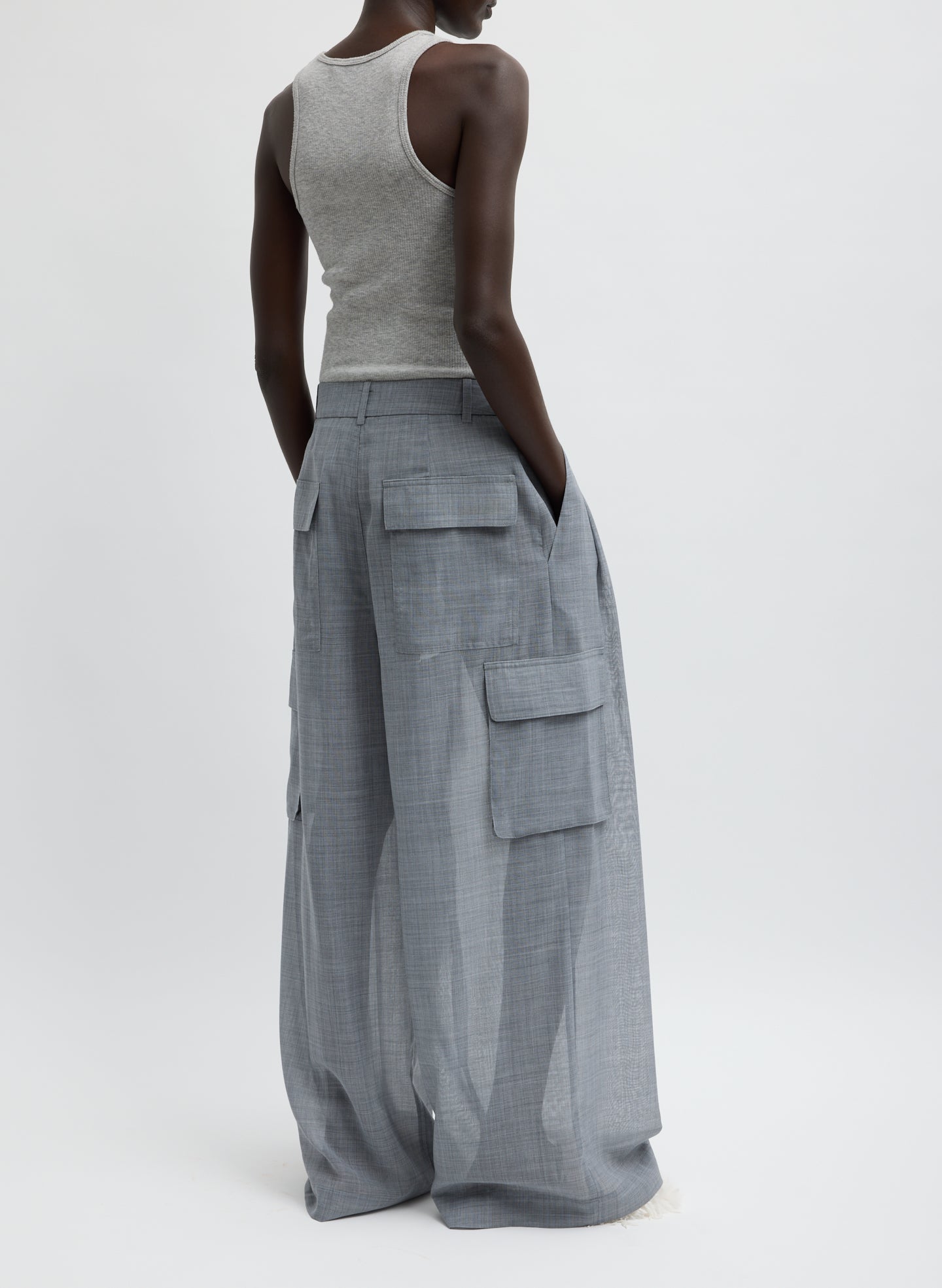 Heather Grey Sheer Wool Gauze Triple Pleat Pant – sheer, back view on model