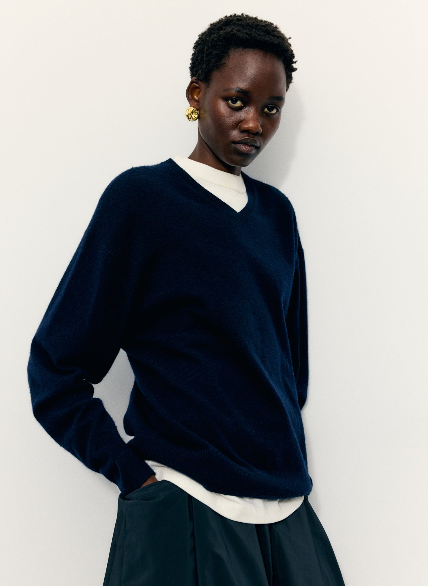 Navy Washable Cashmere Easy V-Neck Sweater - editorial campaign on model