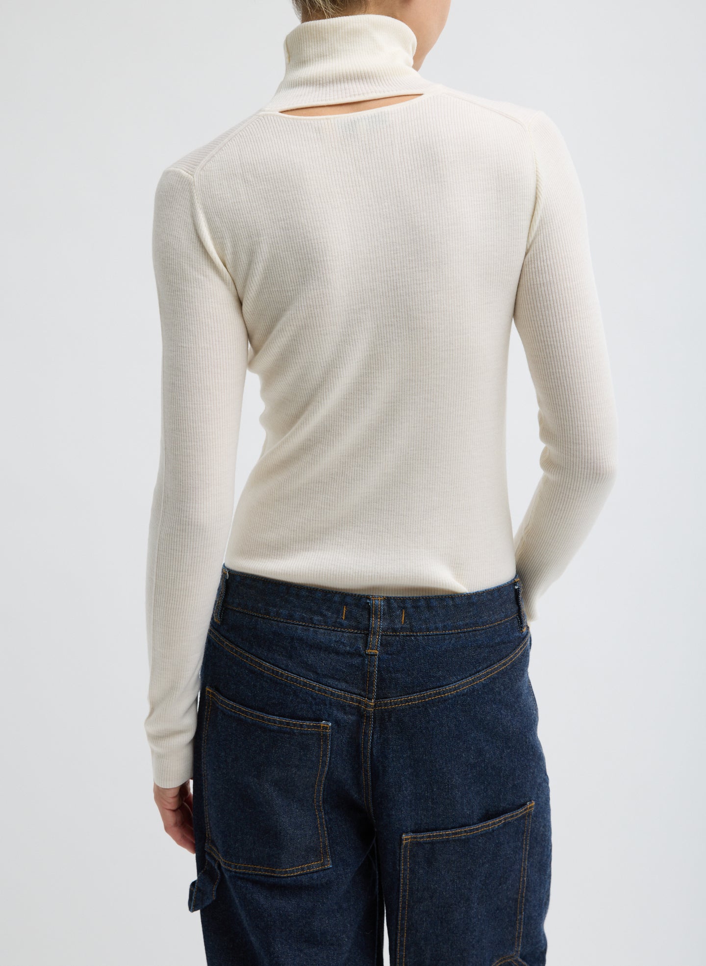Off White Featherweight Ribbed Sweater Turtleneck Pullover - lightweight, back view on model