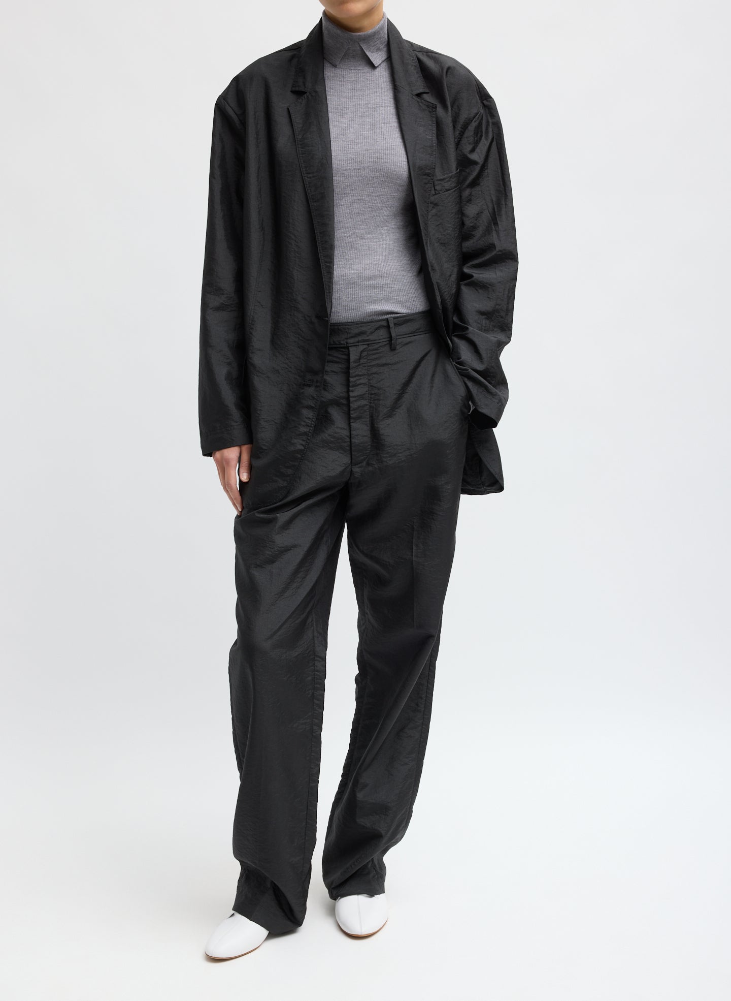 Black Crispy Nylon Liam Blazer - front view on model