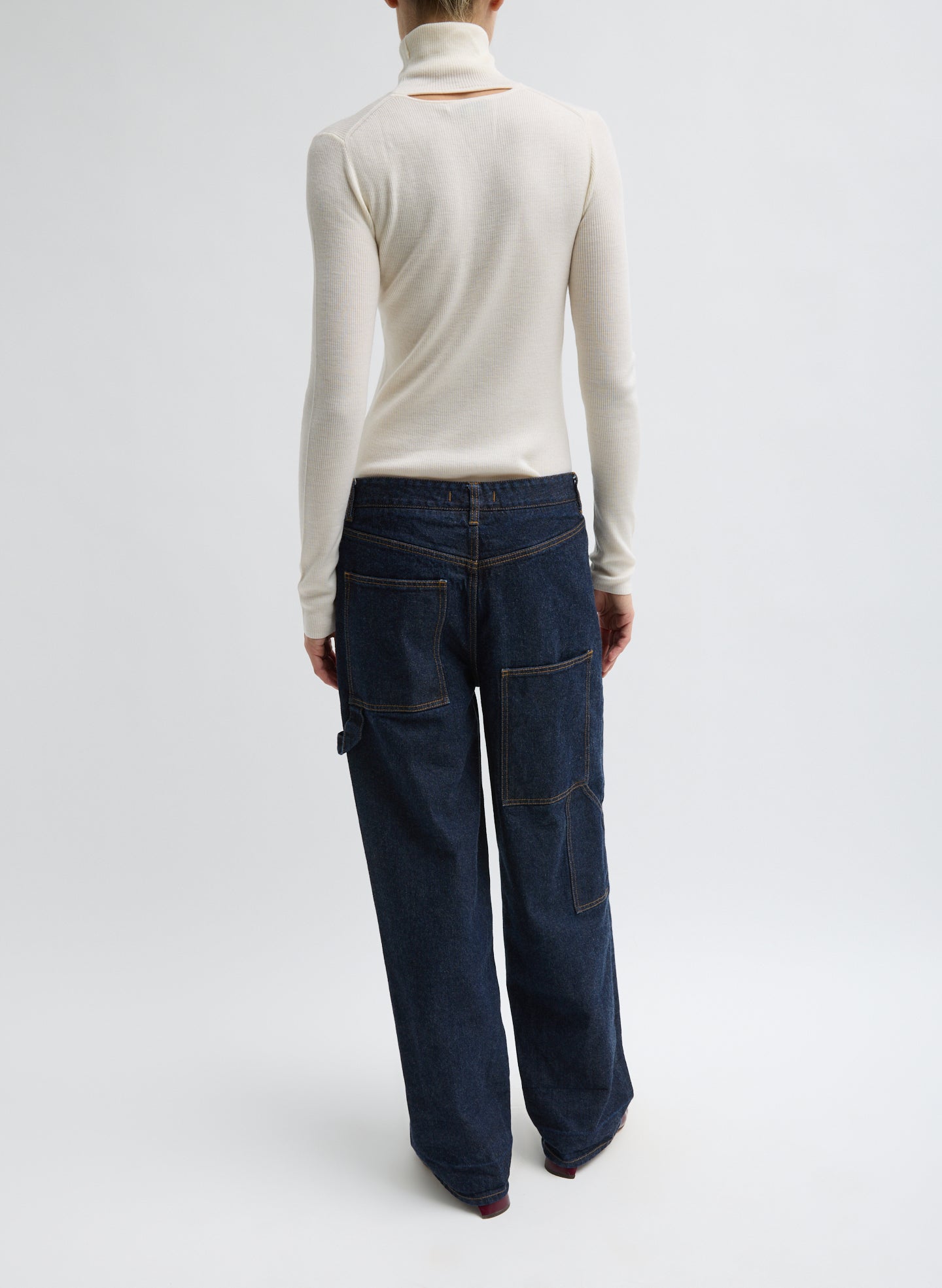Off White Featherweight Ribbed Sweater Turtleneck Pullover - full look, back view on model