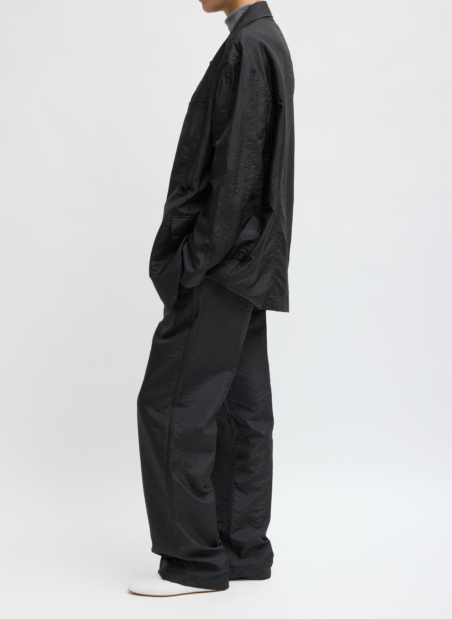 Black Crispy Nylon Liam Blazer - side view on model