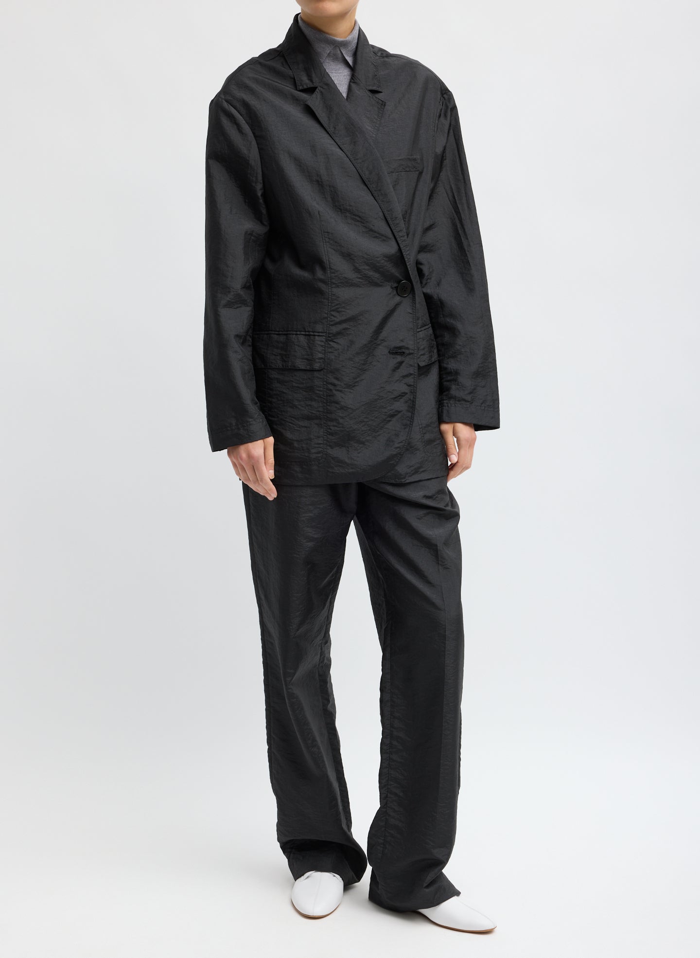 Black Crispy Nylon Liam Blazer - front view on model