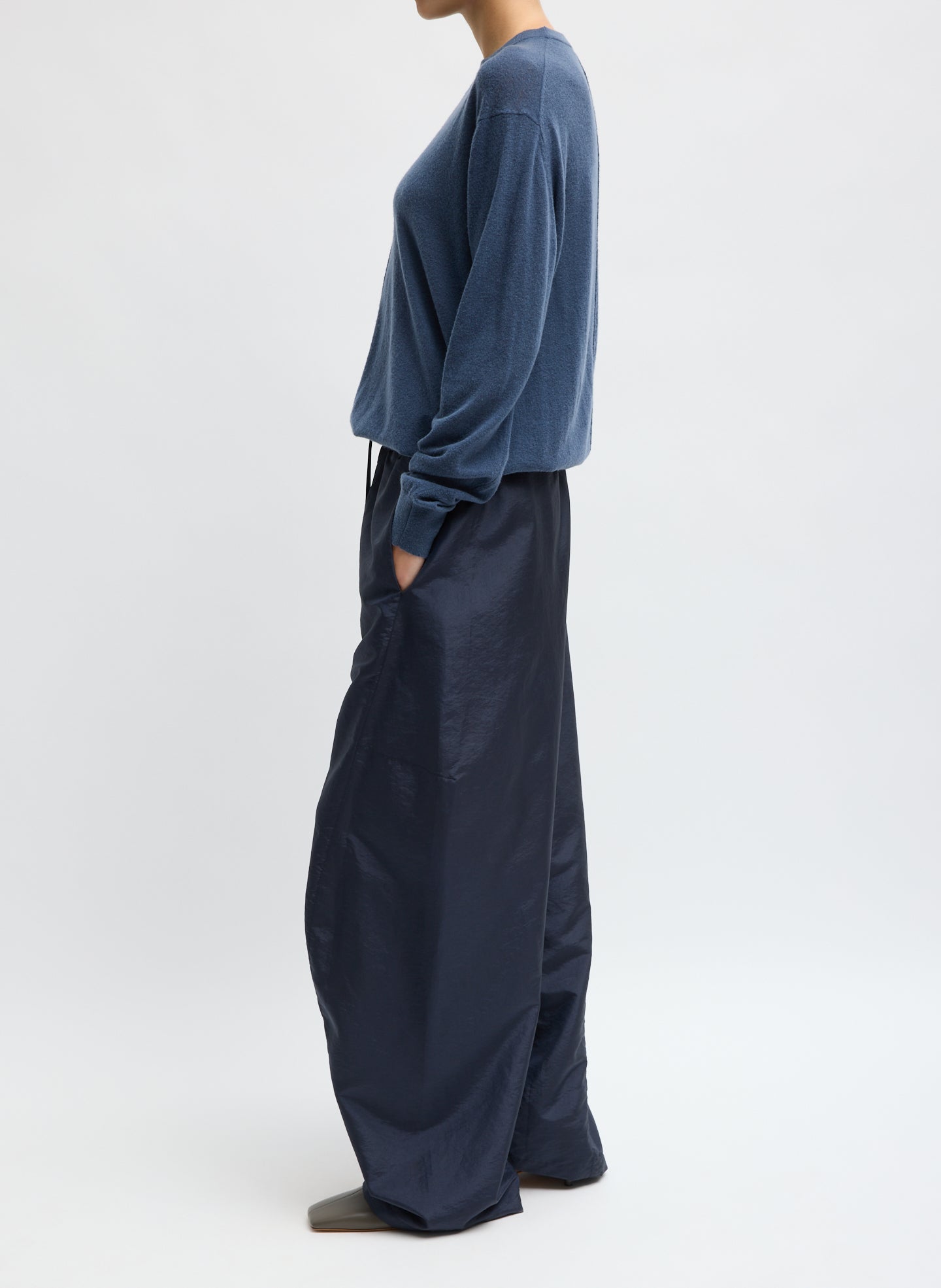 Navy Crispy Nylon Winslow Pant - side view on model