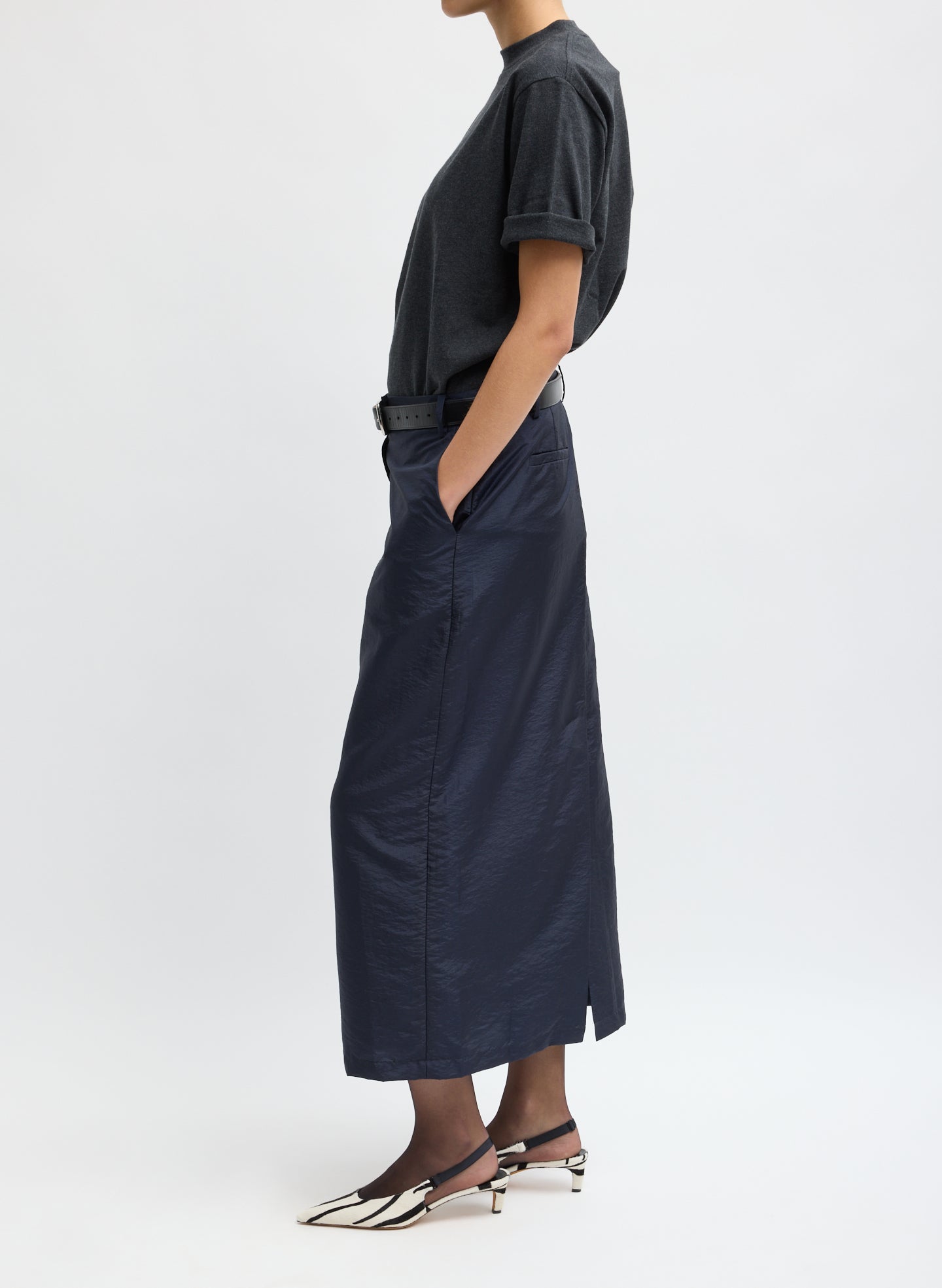 Navy Crispy Nylon Maxi Skirt - trouser skirt, side view on model