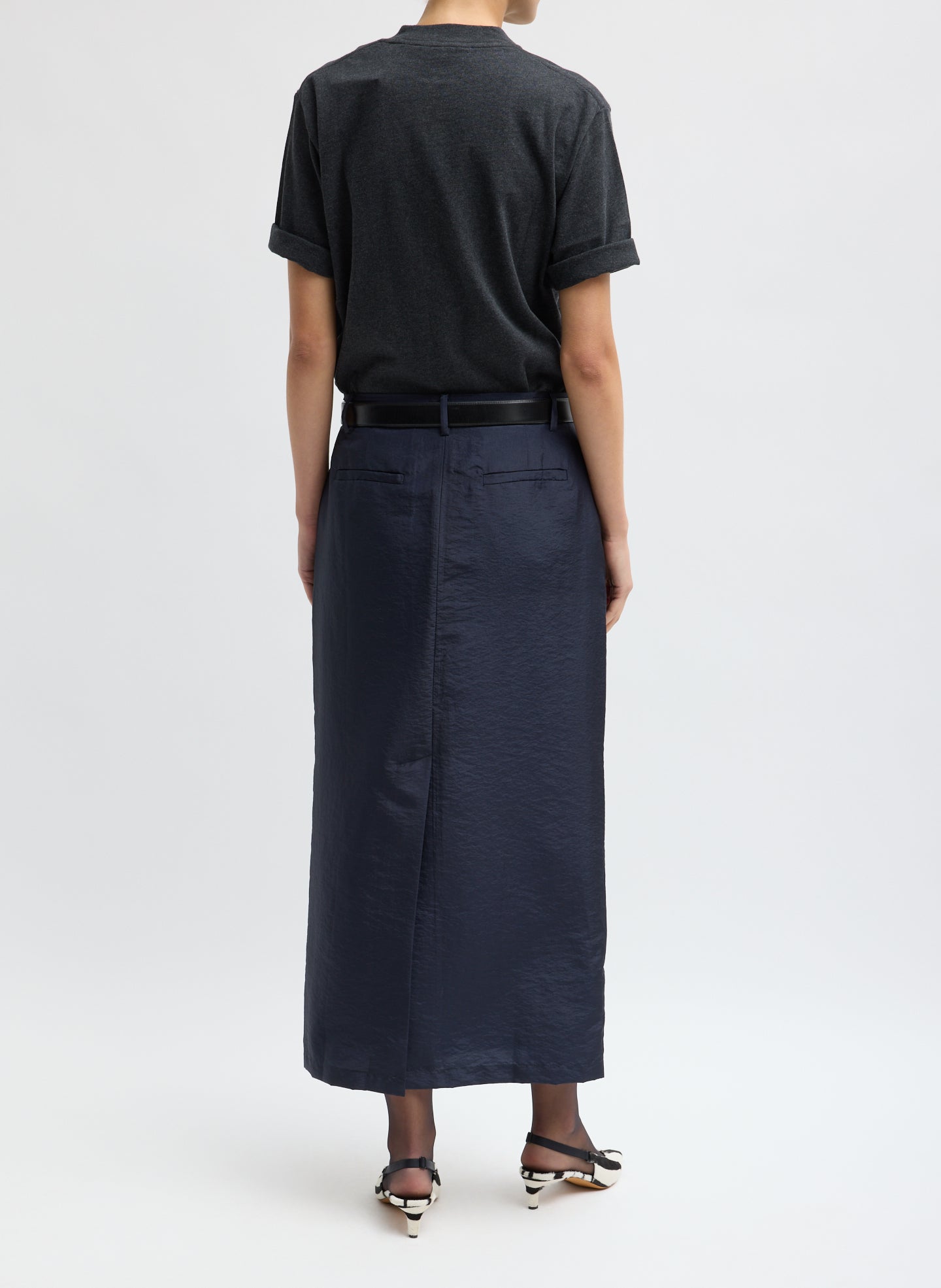 Navy Crispy Nylon Maxi Skirt - trouser skirt, back view on model