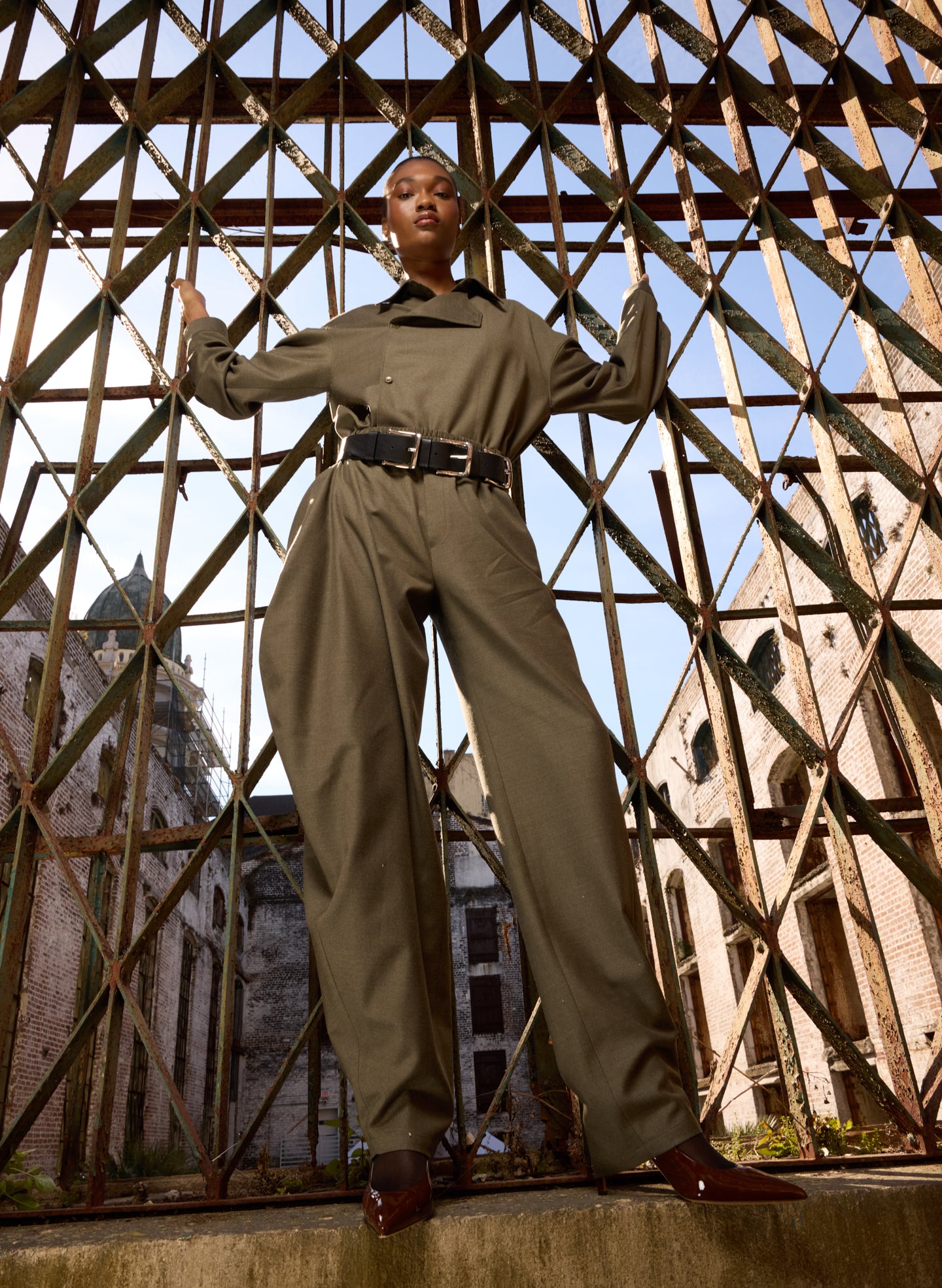 Army Green Cozy Flannel Side Drape Pant, Top and Arthur Belt - editorial image on model