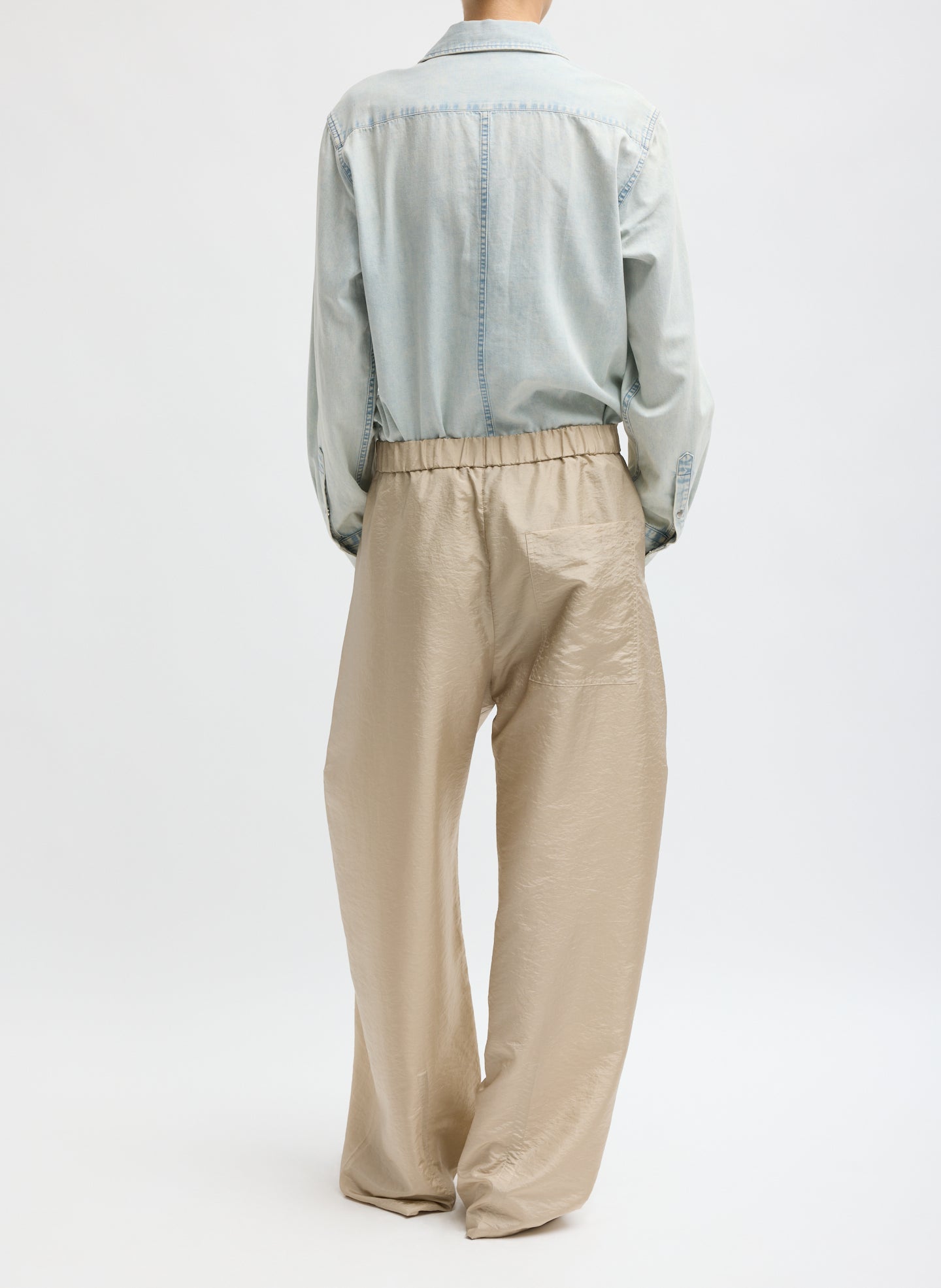 Desert Sand Crispy Nylon Winslow Pant - barrel leg pant, back view on model